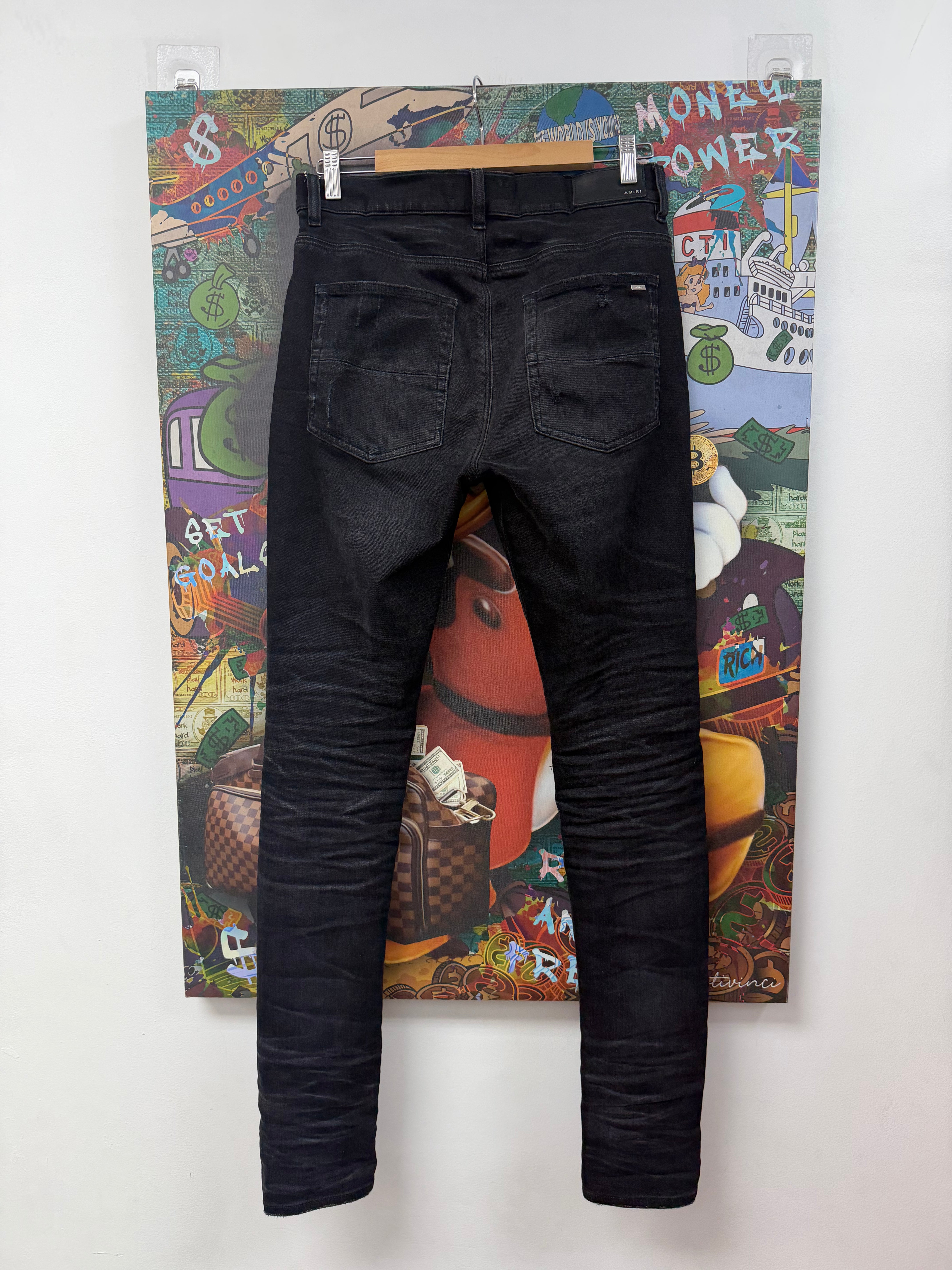 Amiri MX1 Black Wash Blue Plaid Patch Jeans