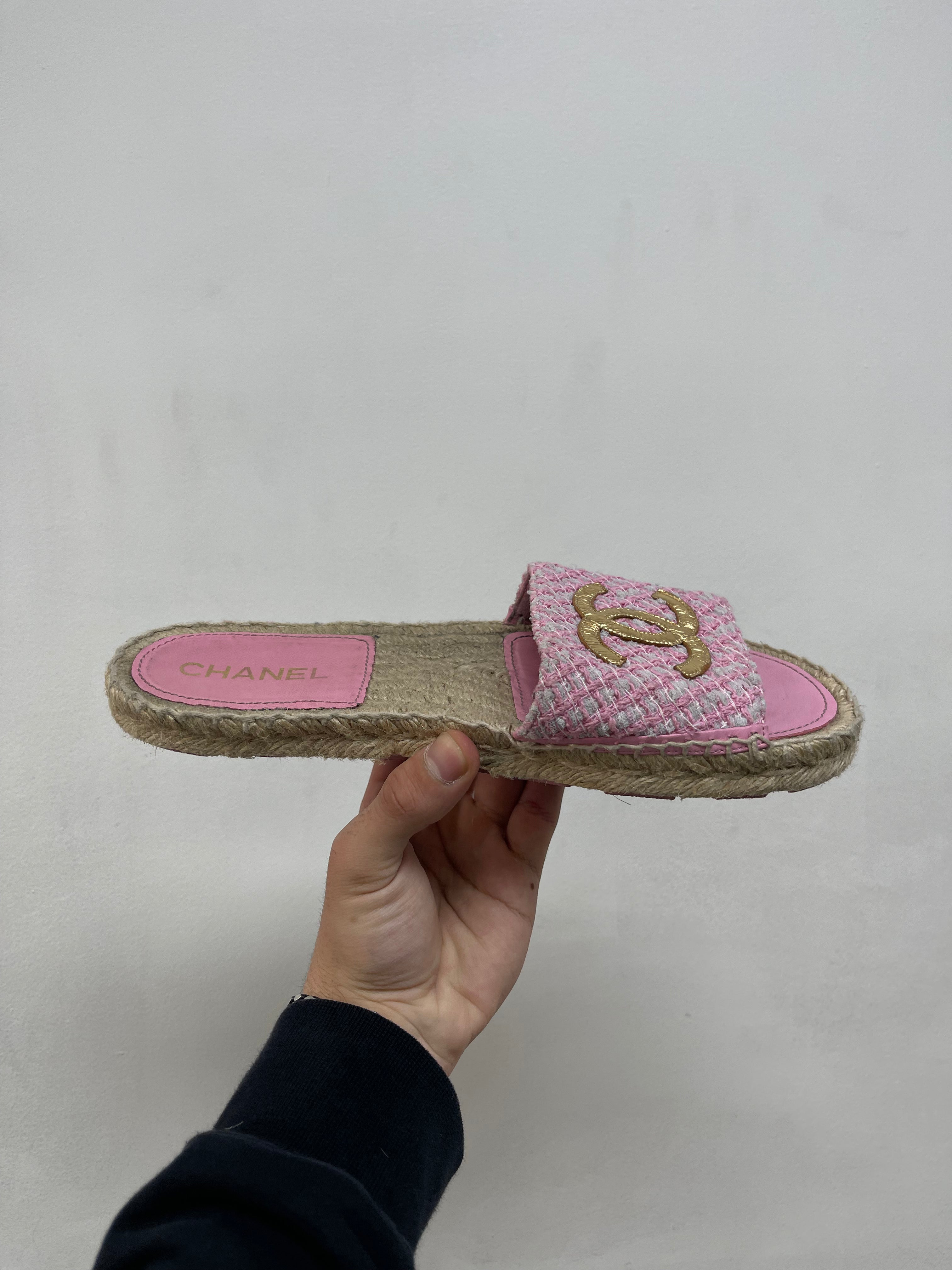 Chanel Pink Gold Tweed Slides