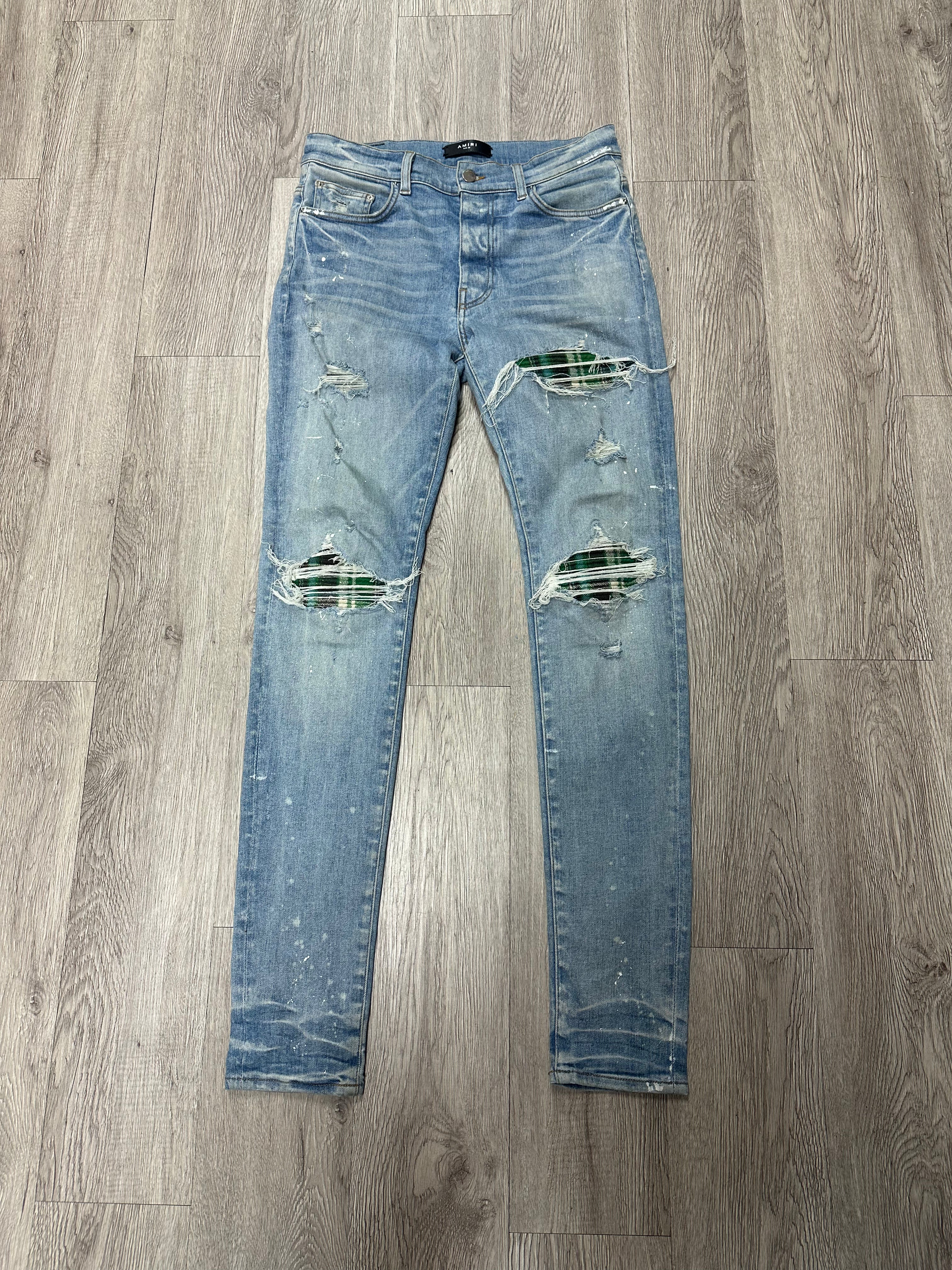 Amiri Mx1 Light Wash Green Plaid Jeans