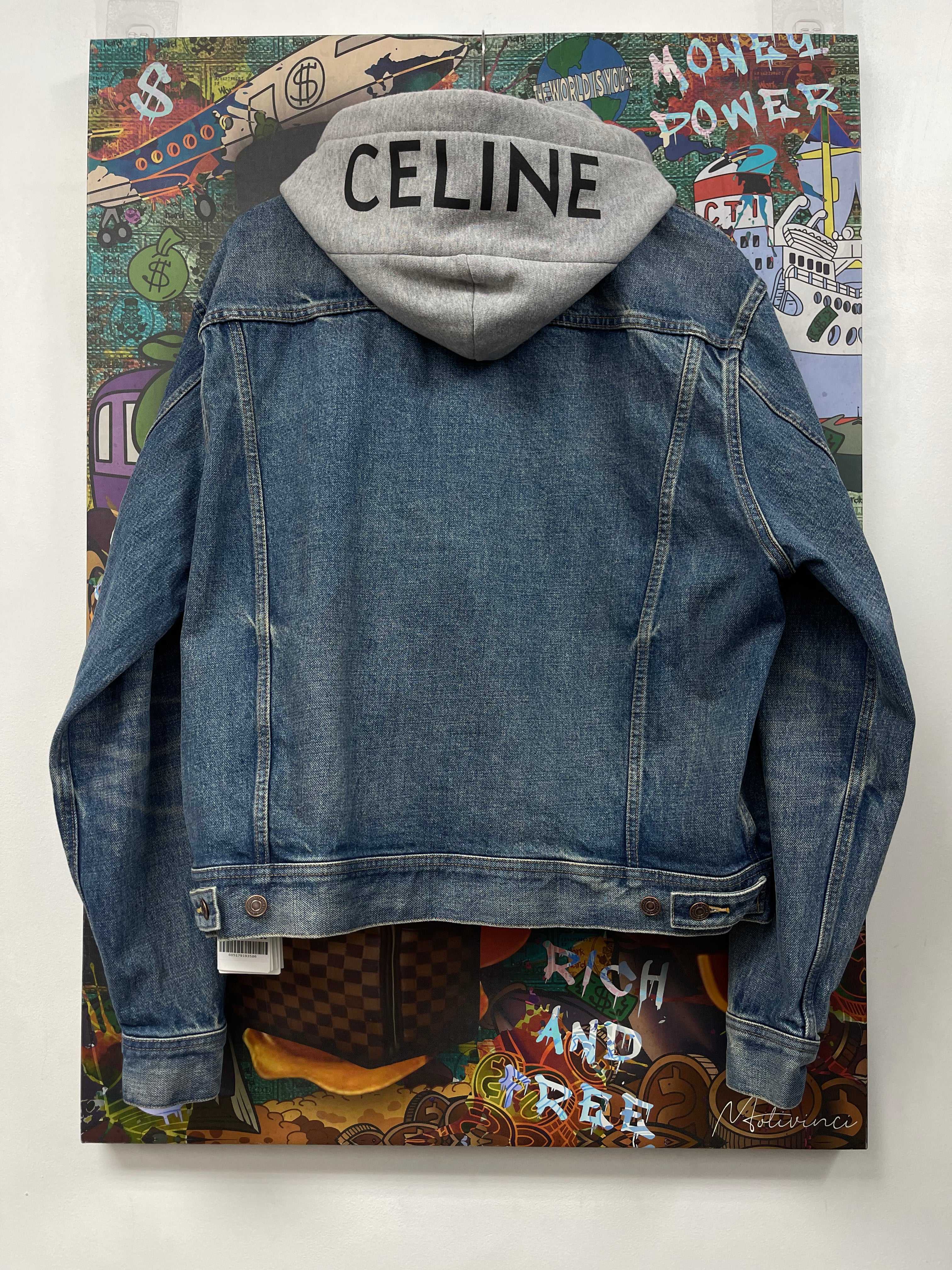 Celine Light Wash Grey Hood Logo Denim Jacket