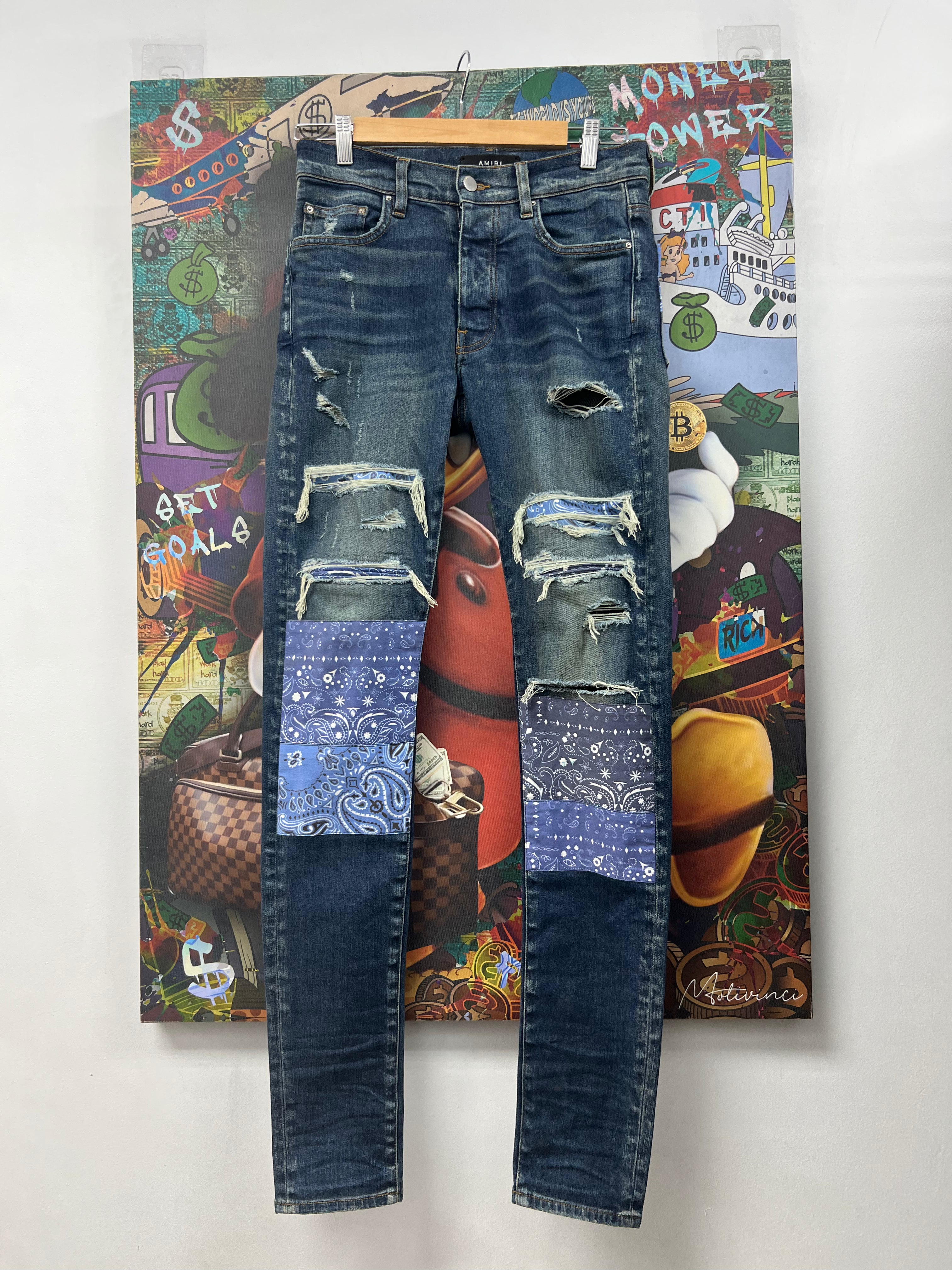 Amiri Dark Wash Blue Paisley Patchwork Jeans