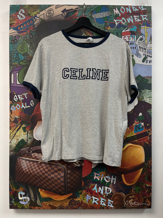 Celine Grey Navy Chest Logo Outline Tee