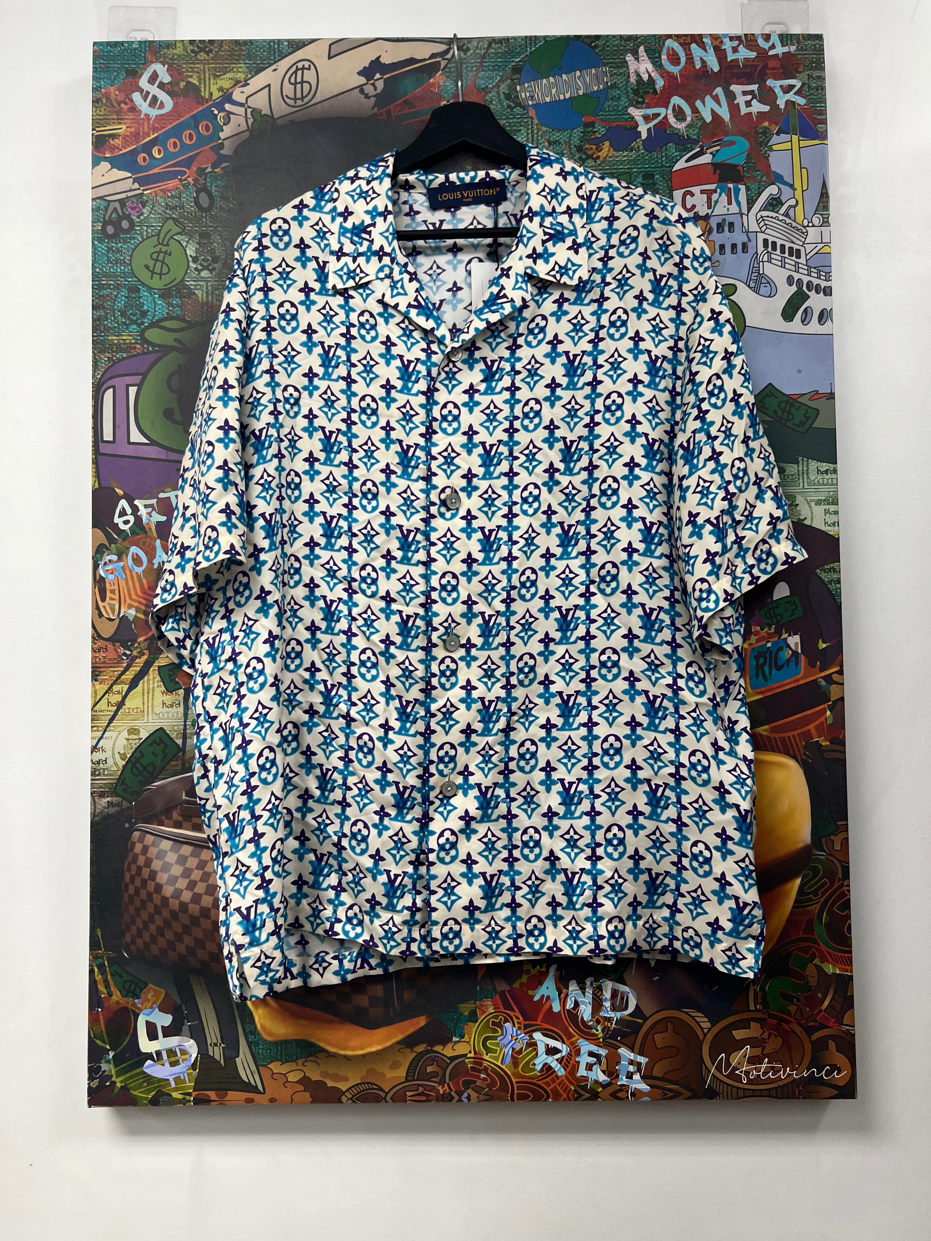 Louis Vuitton Blue Purple Silk Monogram Button Up Shirt