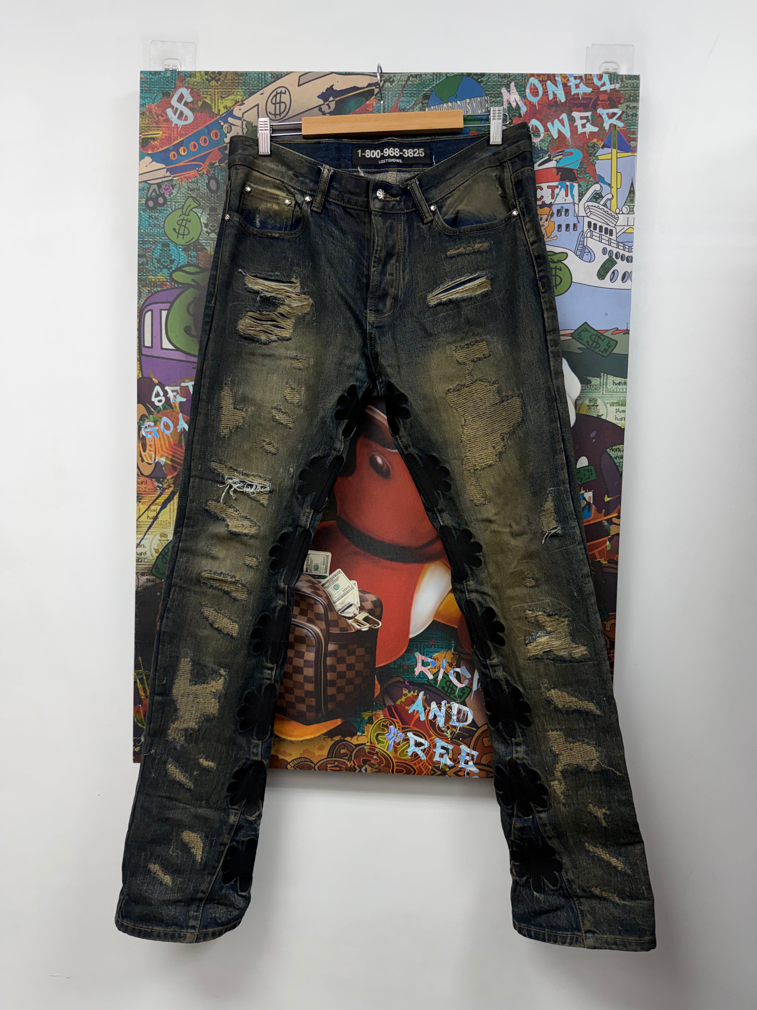 LOST SHDWS Navy Waxed Distressed Jeans