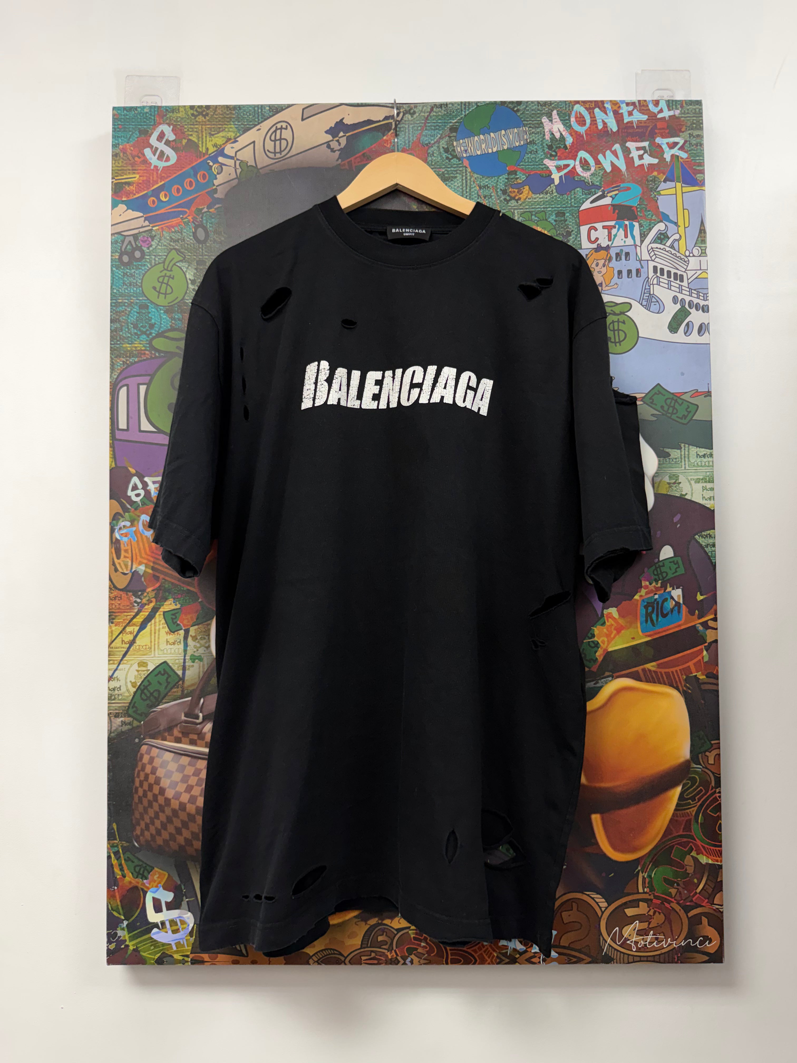 Balenciaga Black White Distressed Crackle Logo Tee