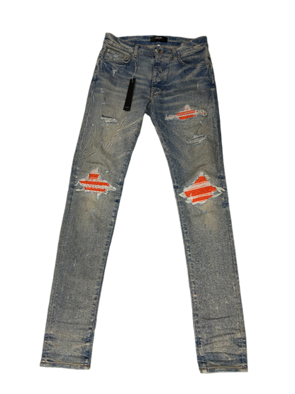 Amiri MX1 Orange Crackle Patch Light Wash Blue Jeans