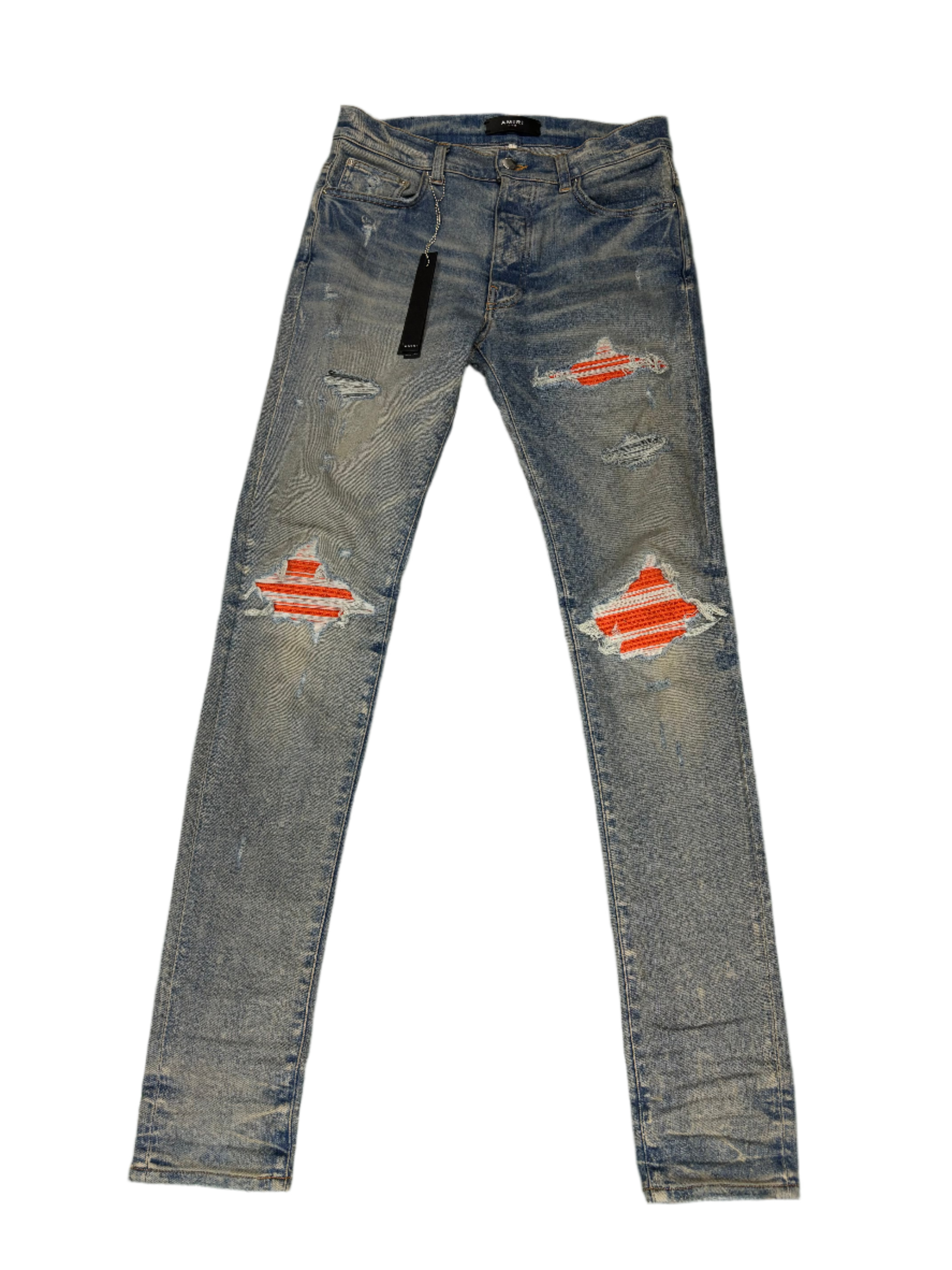 Amiri MX1 Orange Crackle Patch Light Wash Blue Jeans