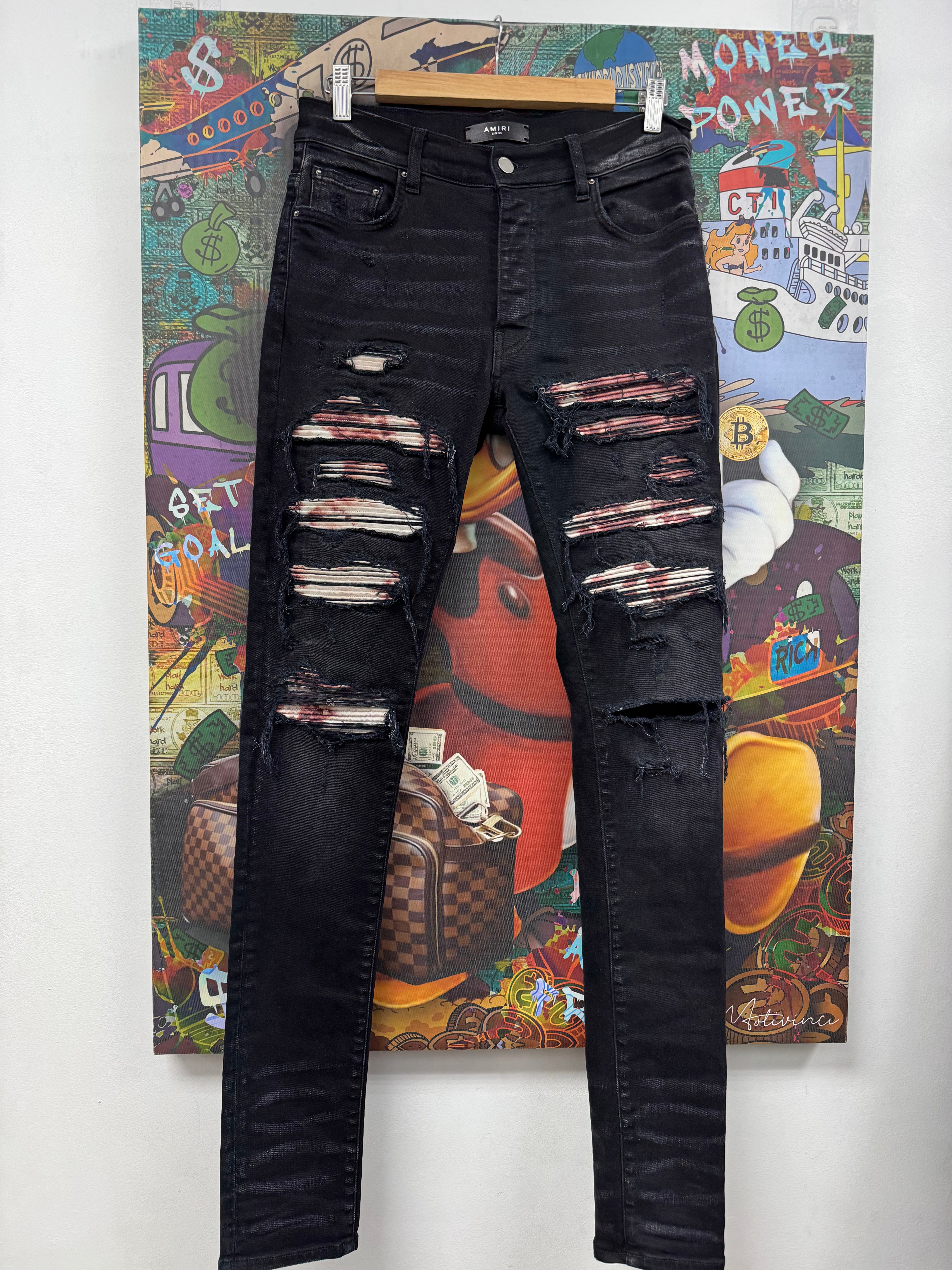 Amiri Aged Black Red Tie Dye Thrasher Patch Jeans
