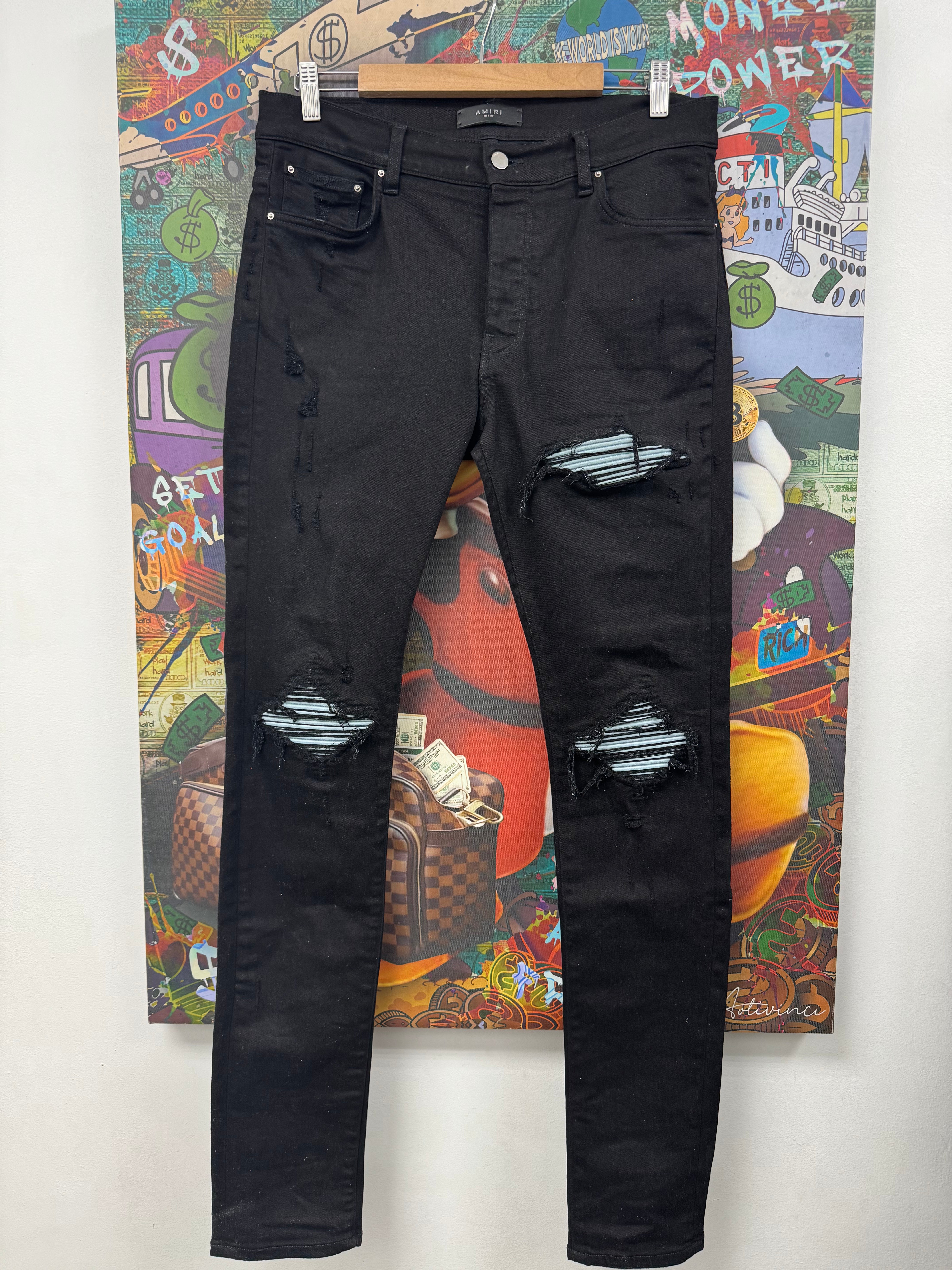 Amiri MX1 Black Baby Blue Suede Patch Jeans
