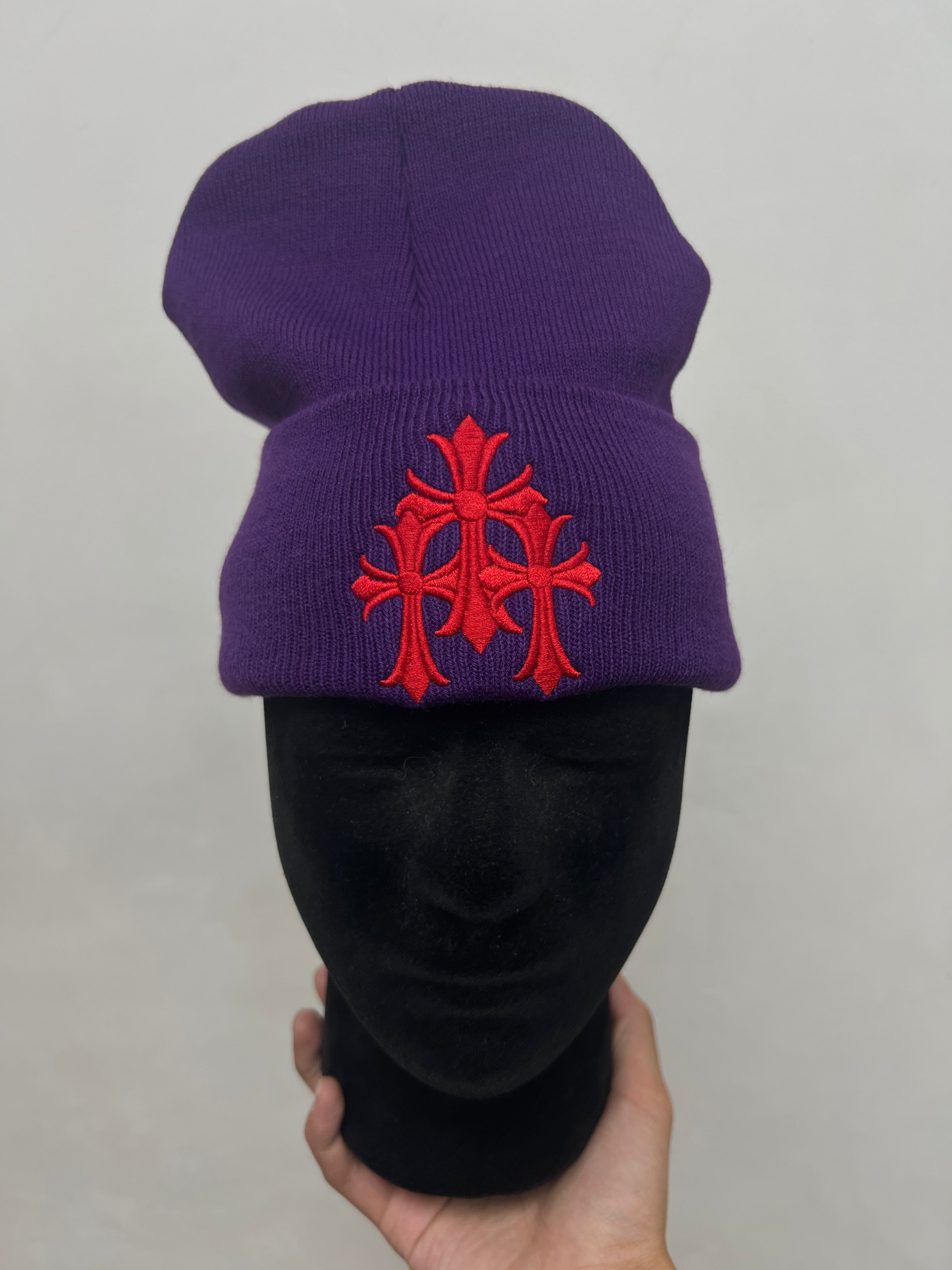 Chrome Hearts Purple Red Triple Cross Beanie