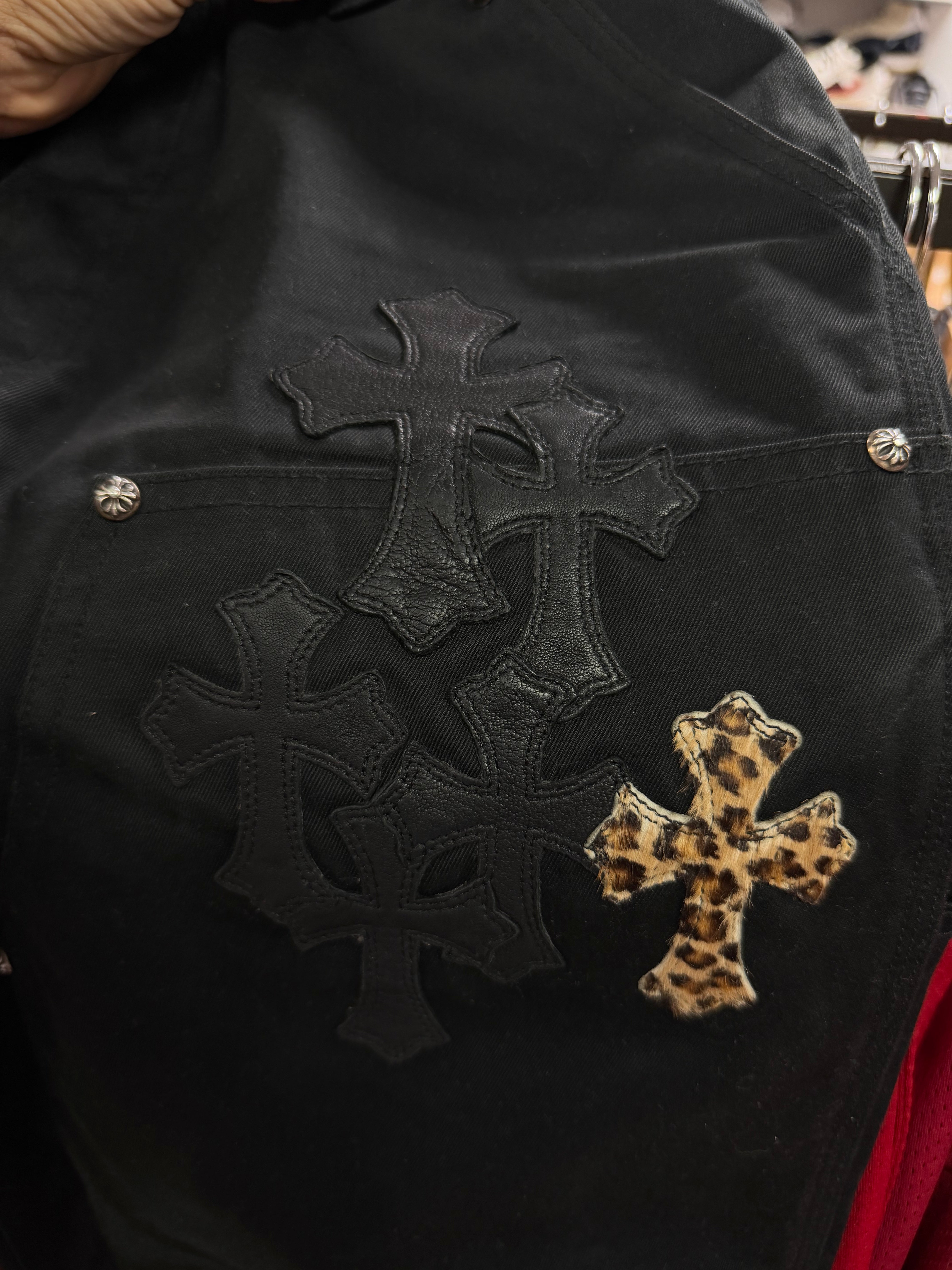 Chrome Hearts Black Cheetah Cross Patch Double Knee Jeans