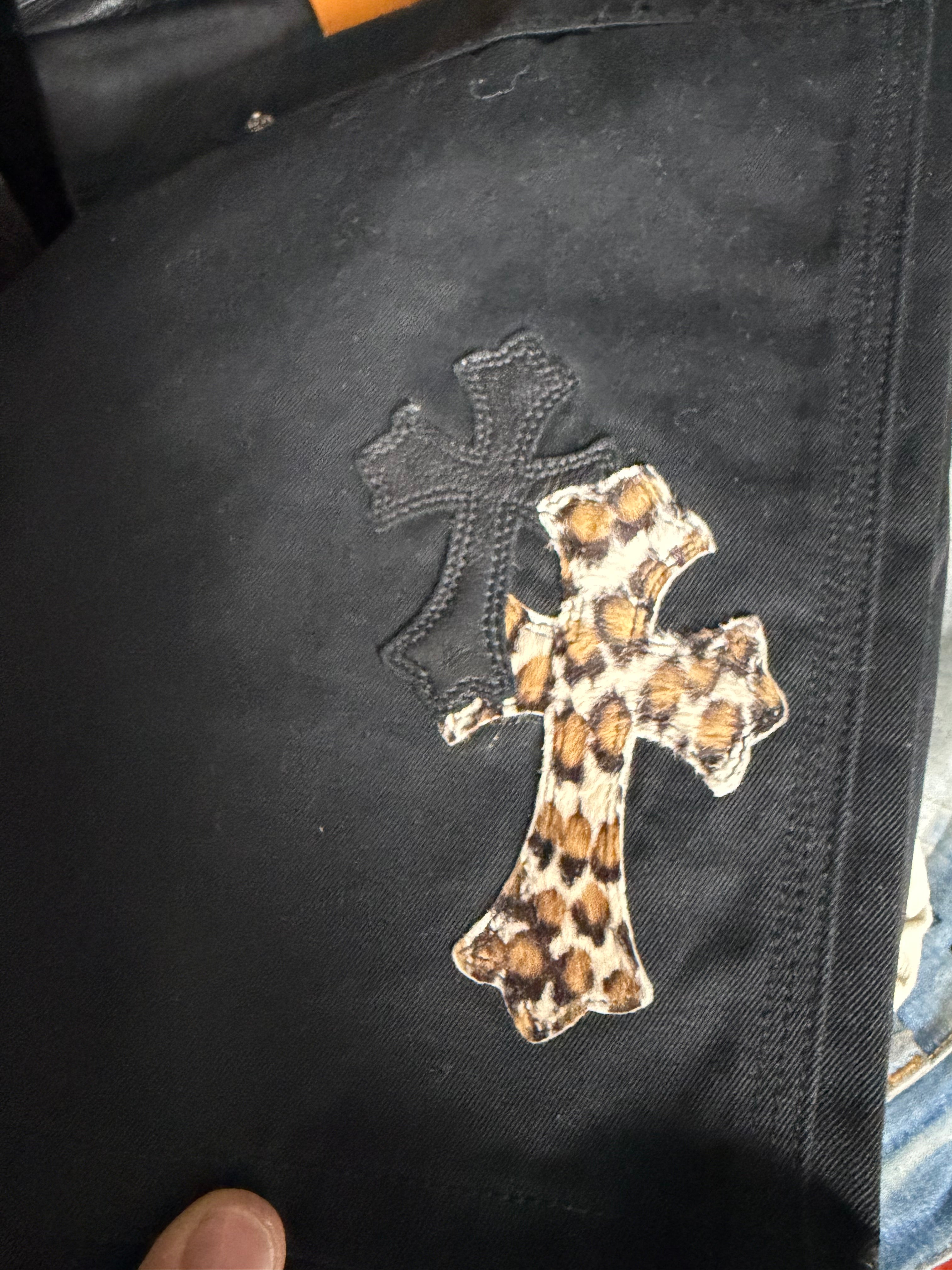 Chrome Hearts Black Cheetah Cross Patch Double Knee Jeans