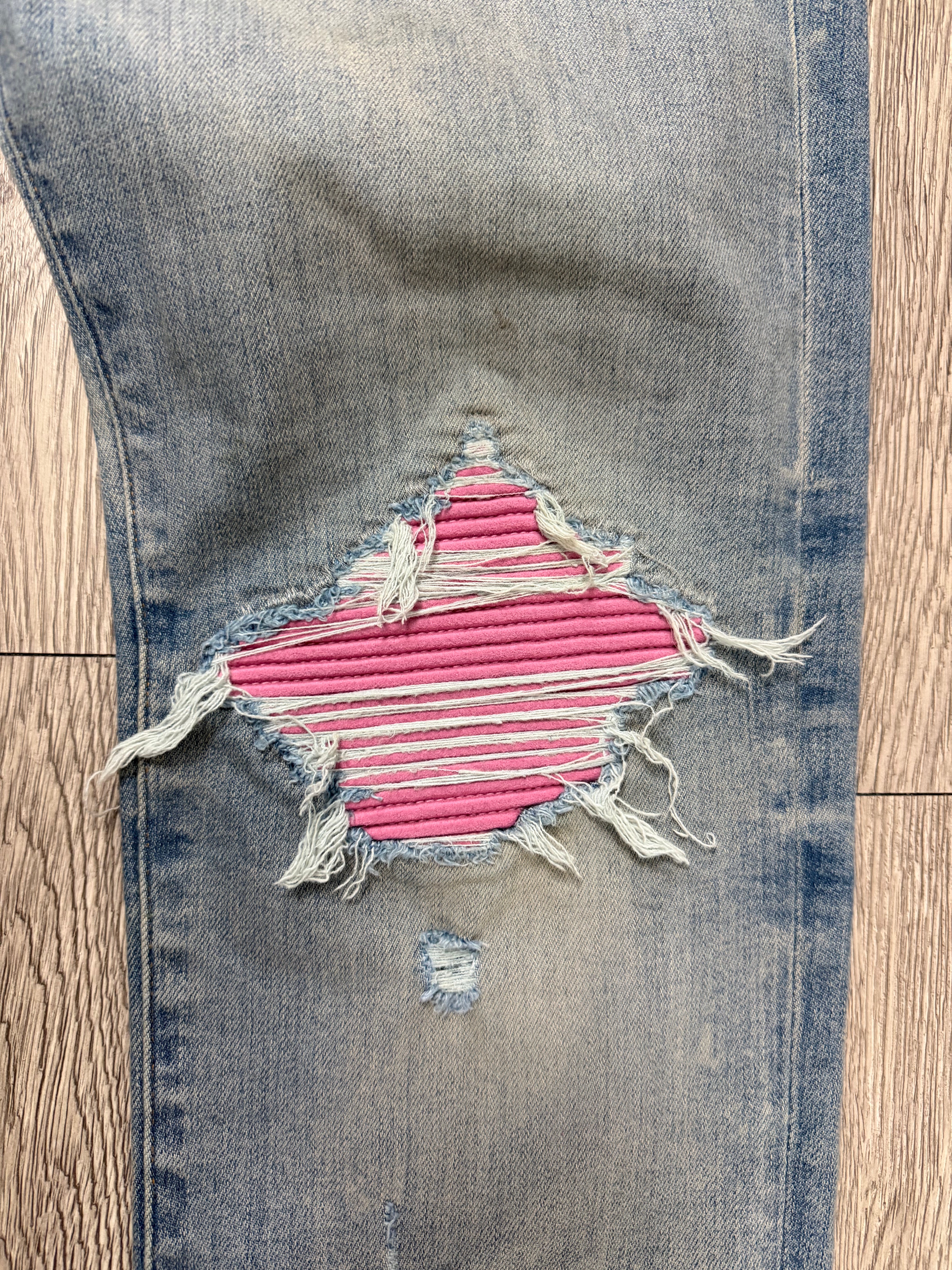 Amiri MX1 Light Wash Pink Seude Patch Jeans