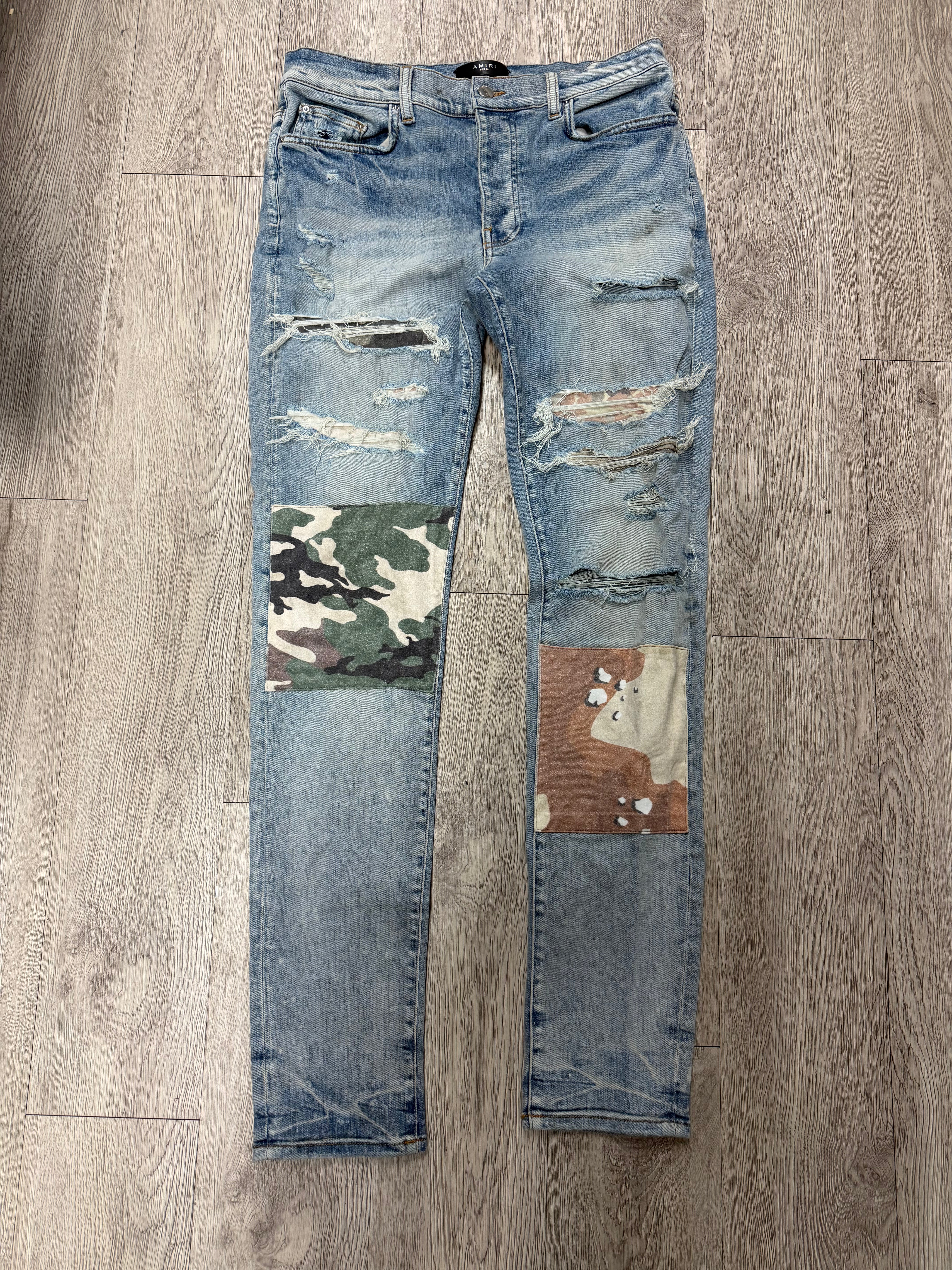 Amiri Light Wash Desert Camo Patchwork (Repaired Back Pocket) Jeans
