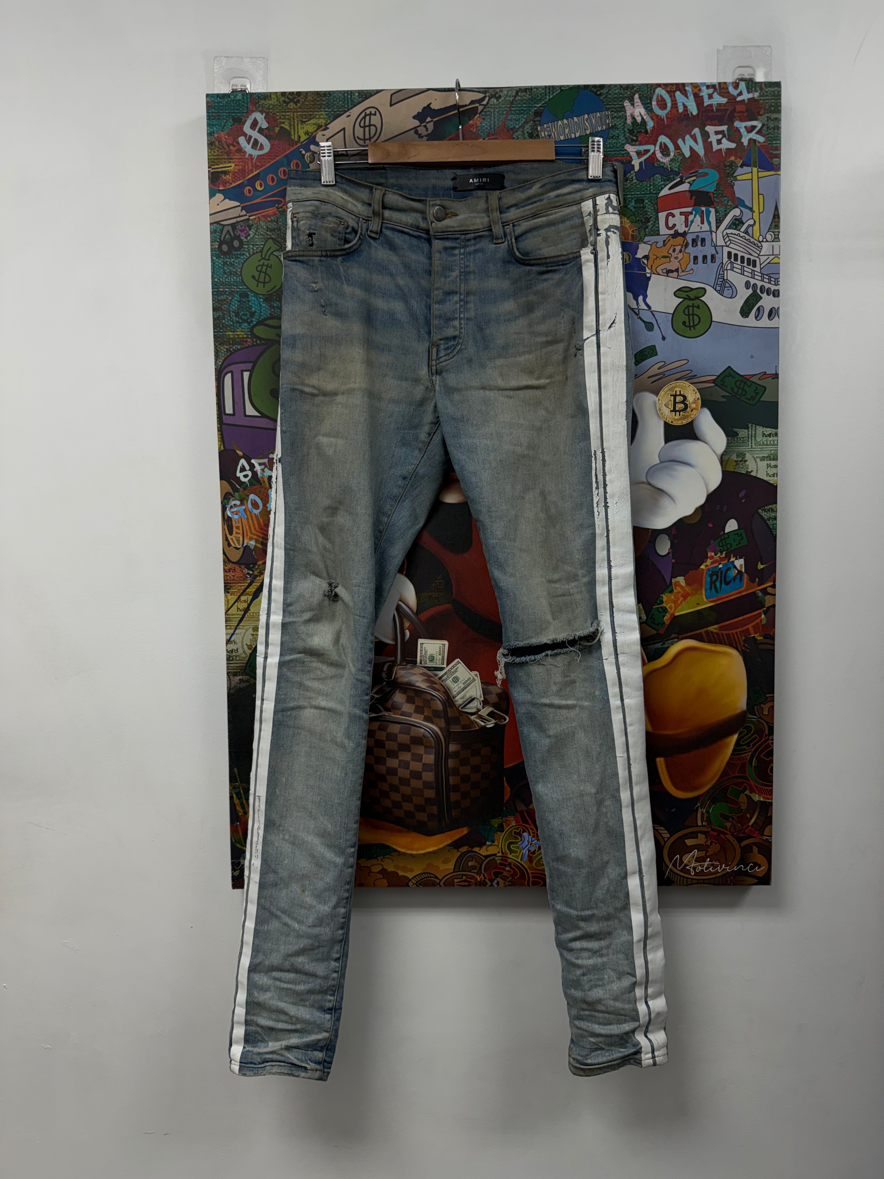 Amiri Light Wash White Stripe Jeans