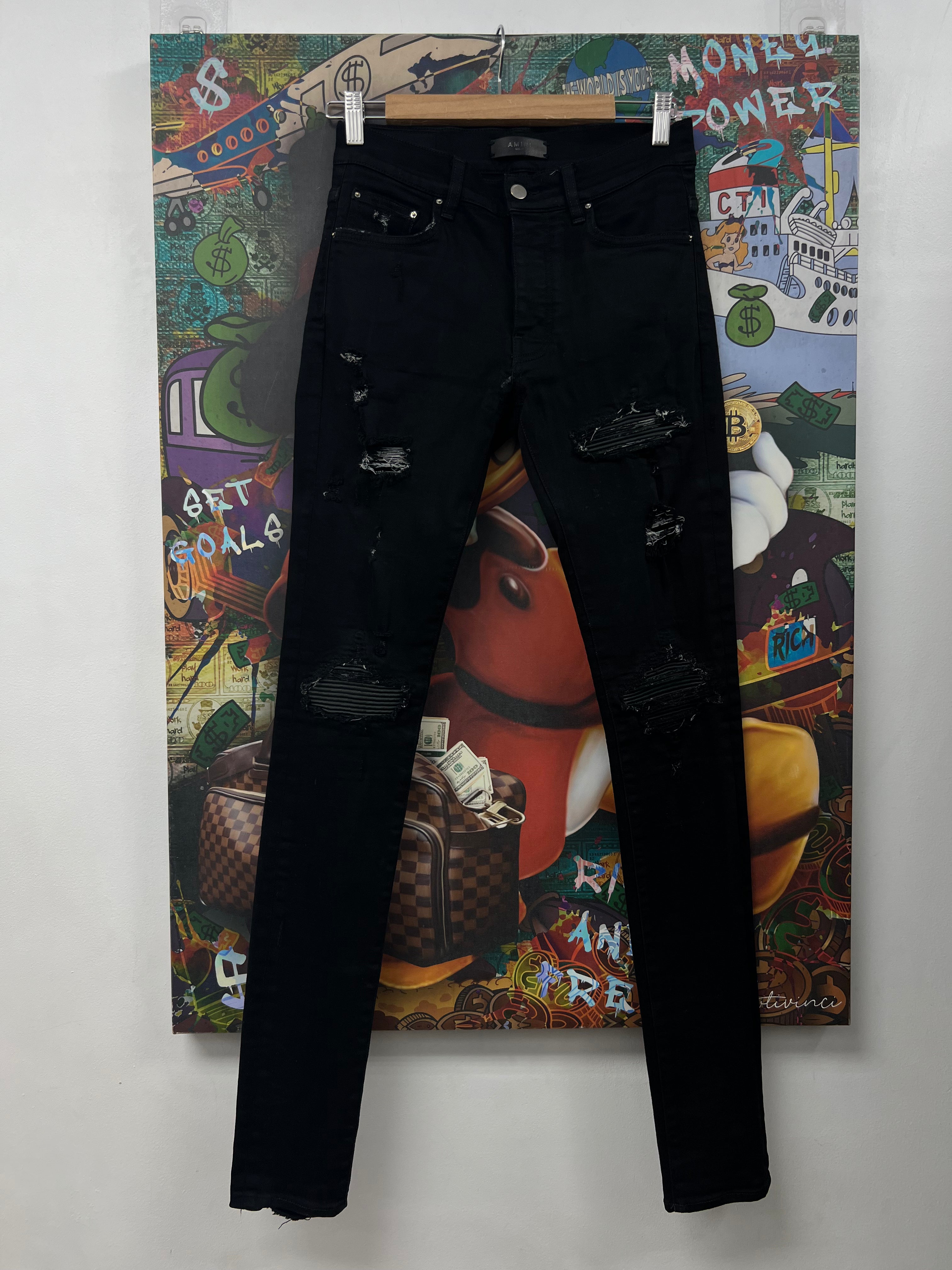 Amiri MX1 Black Black Leather Patch Jeans