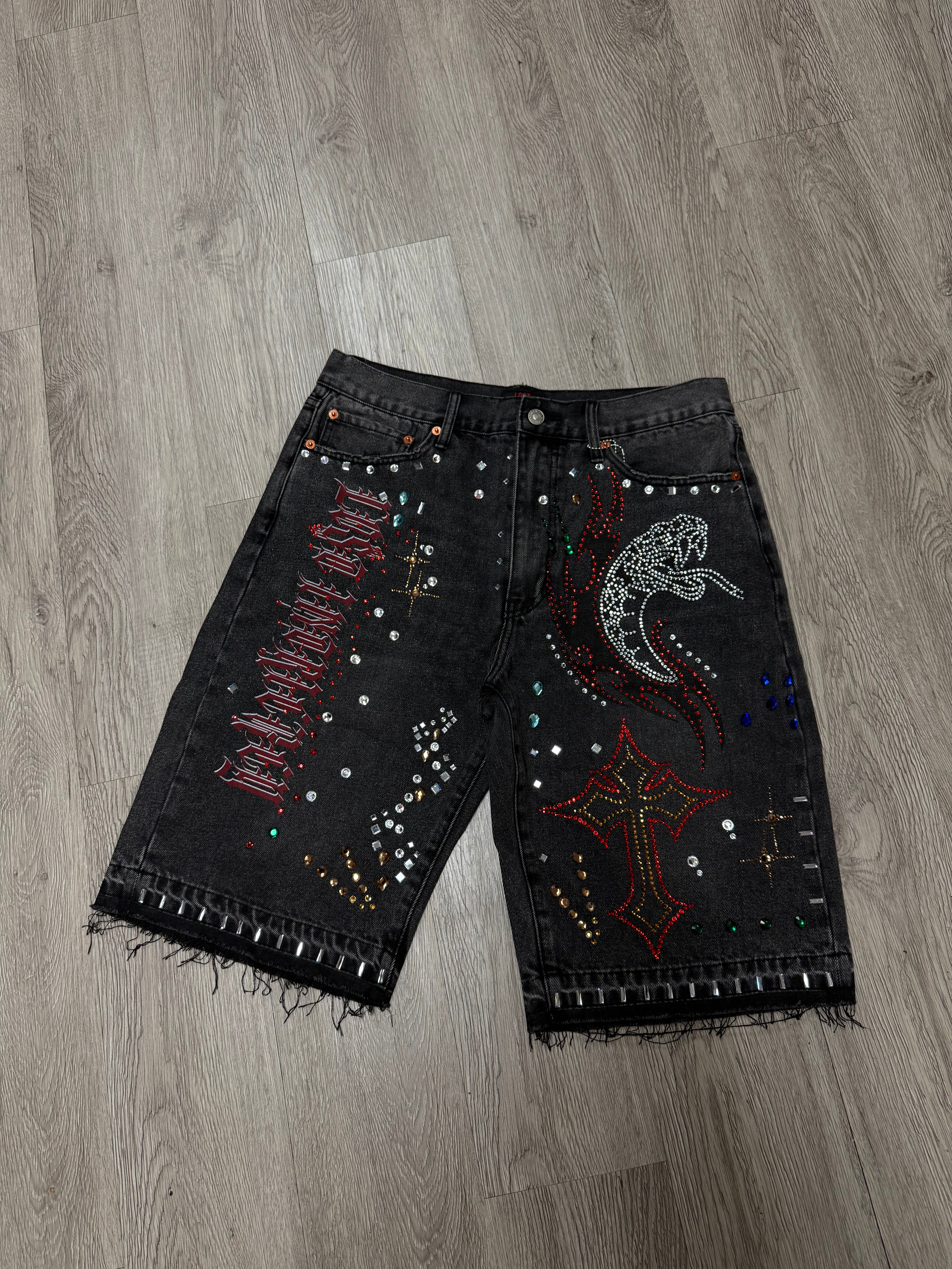 LOST Intricacy Snake Studded Denim Shorts Black Wash
