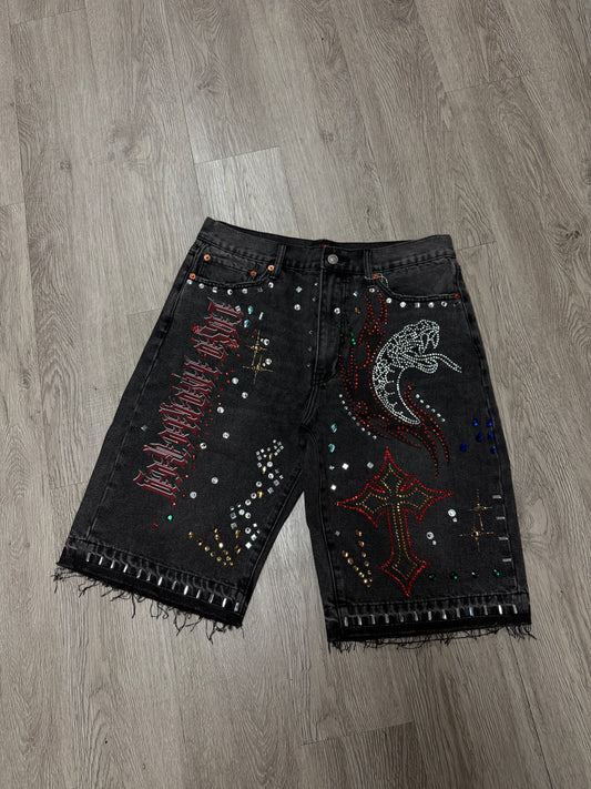 LOST Intricacy Snake Studded Denim Shorts Black Wash