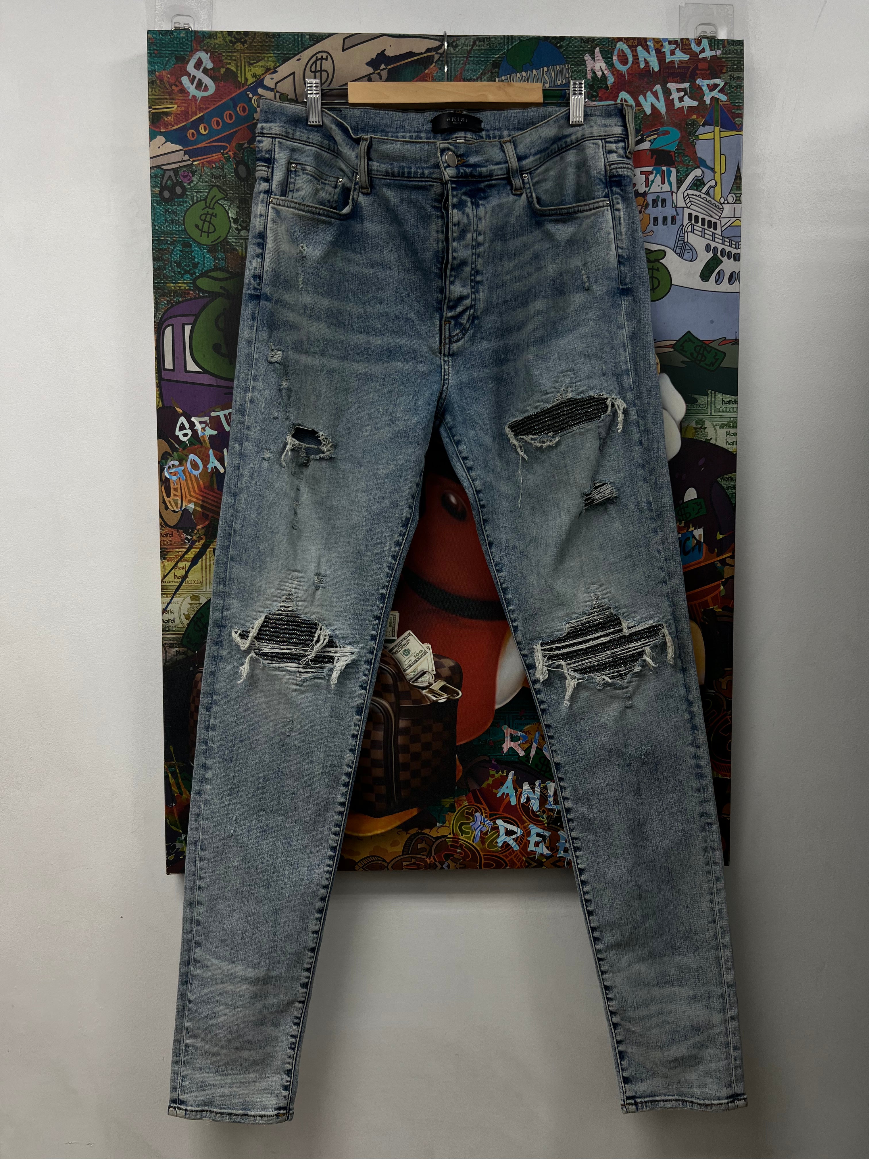 Amiri MX1 Light Wash Iridescent Patch Jeans