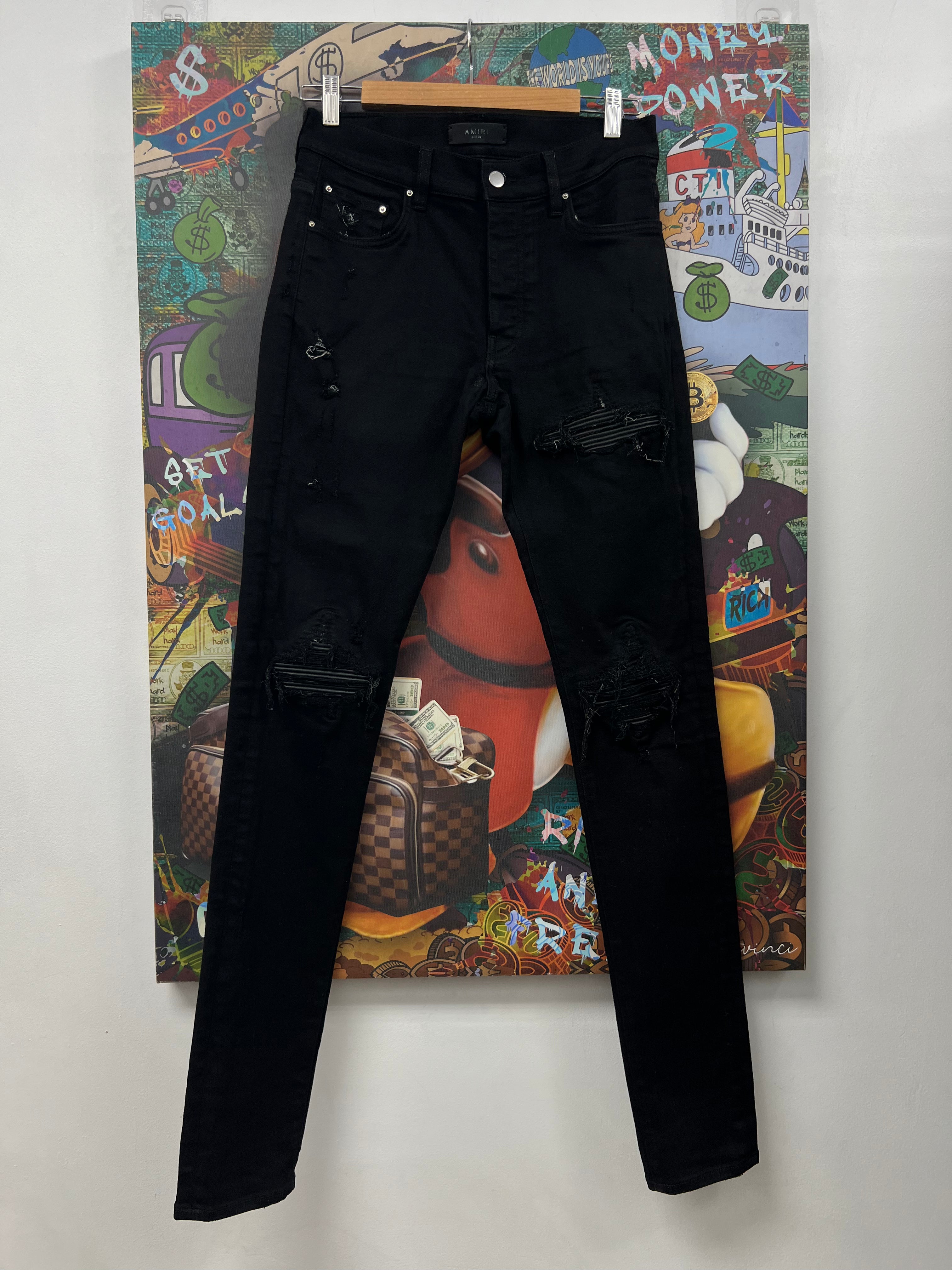 Amiri MX1 Black Black Leather Patch Jeans
