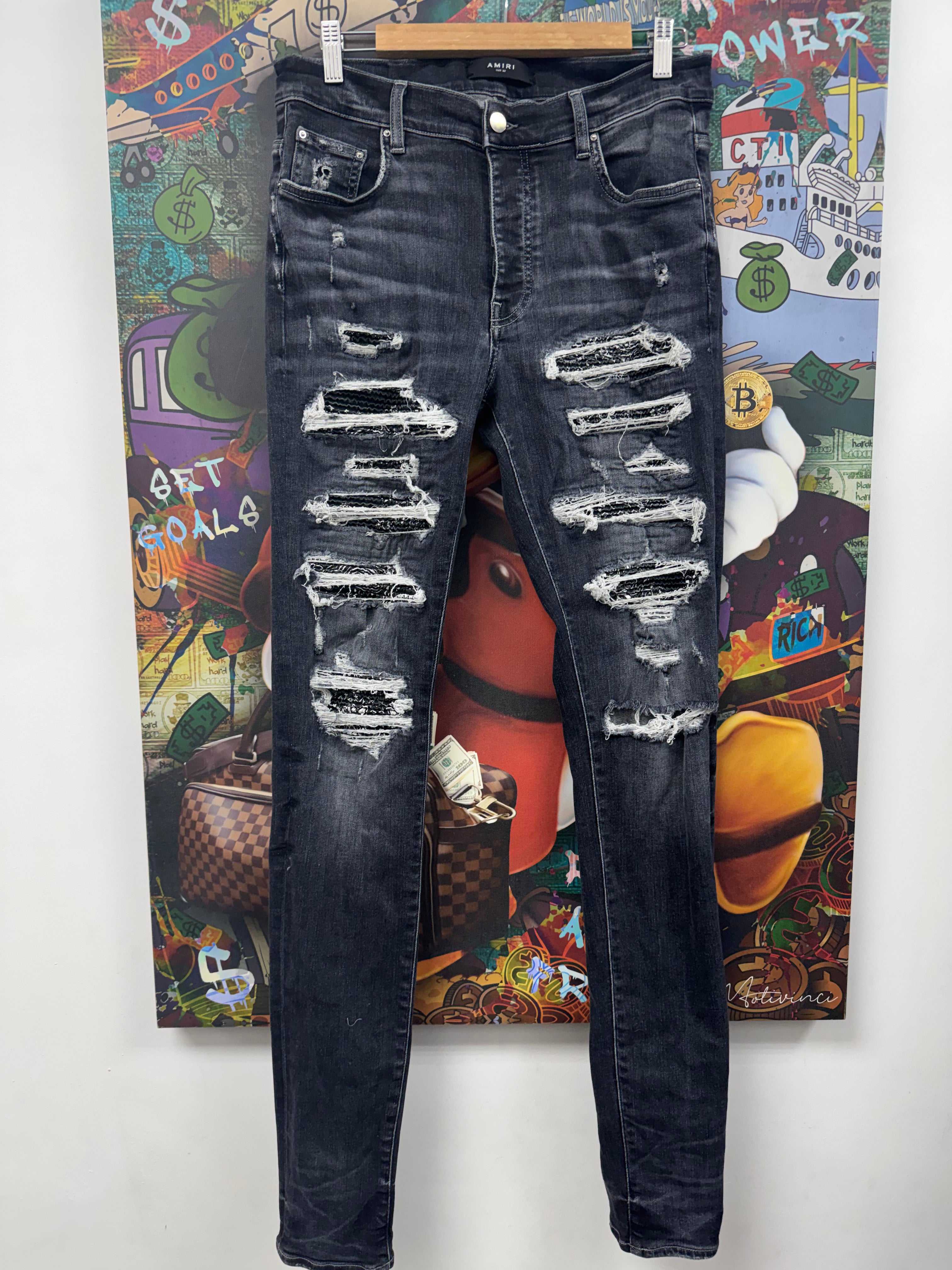 Amiri Grey Black Paisley Thrasher Patch Jeans