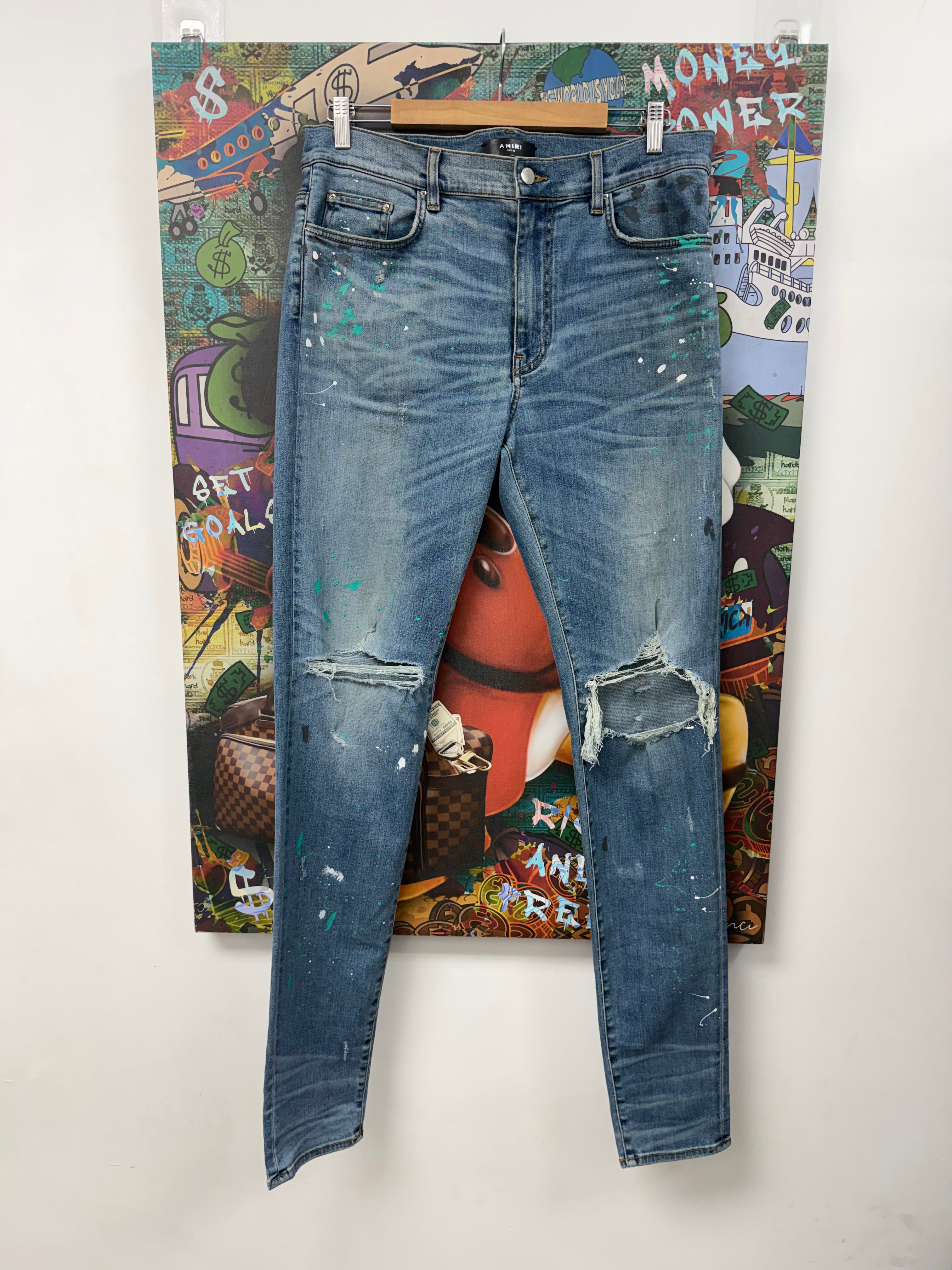 Amiri Light Wash Teal Splatter Ripped Jeans