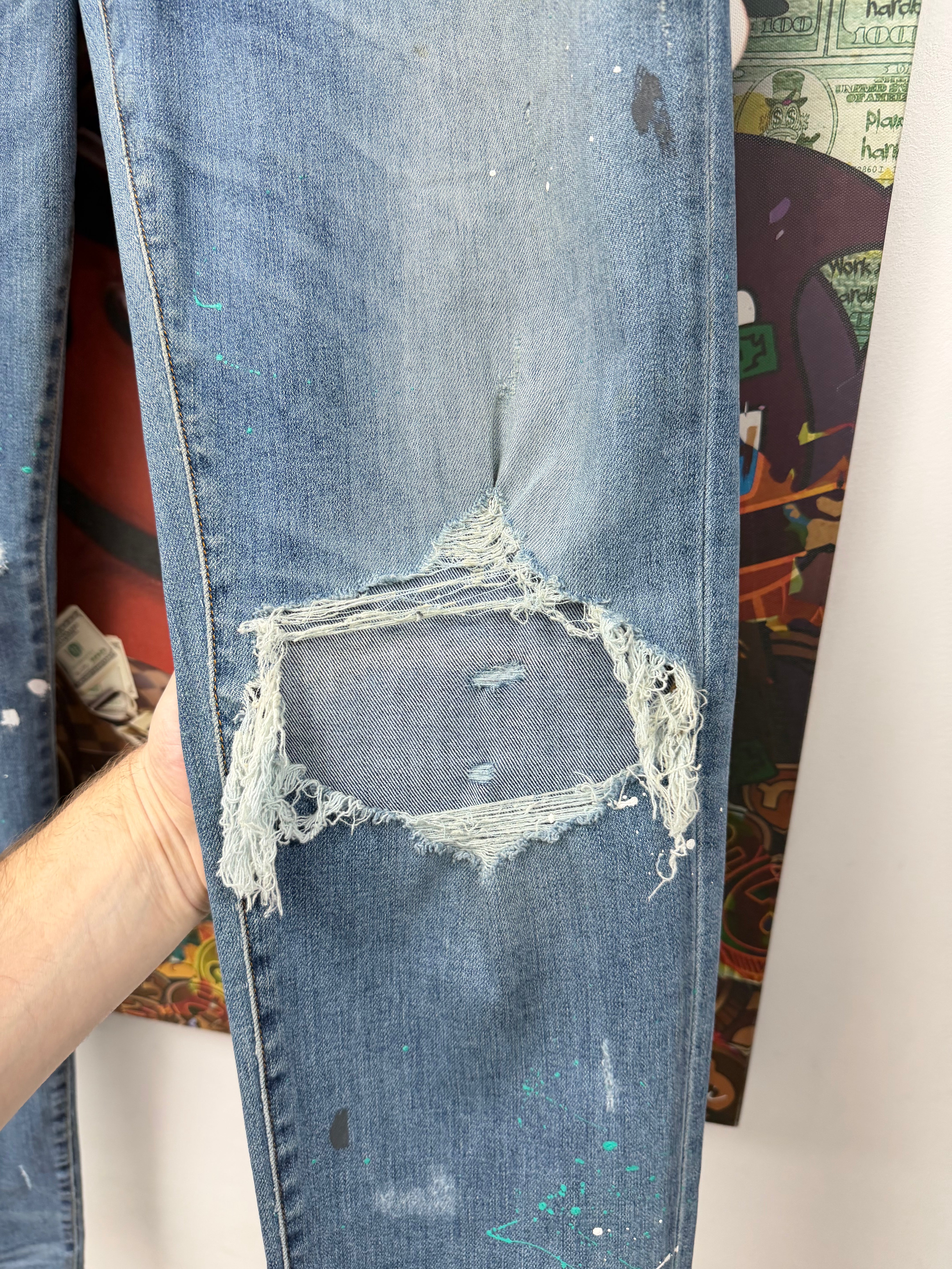 Amiri Light Wash Teal Splatter Ripped Jeans