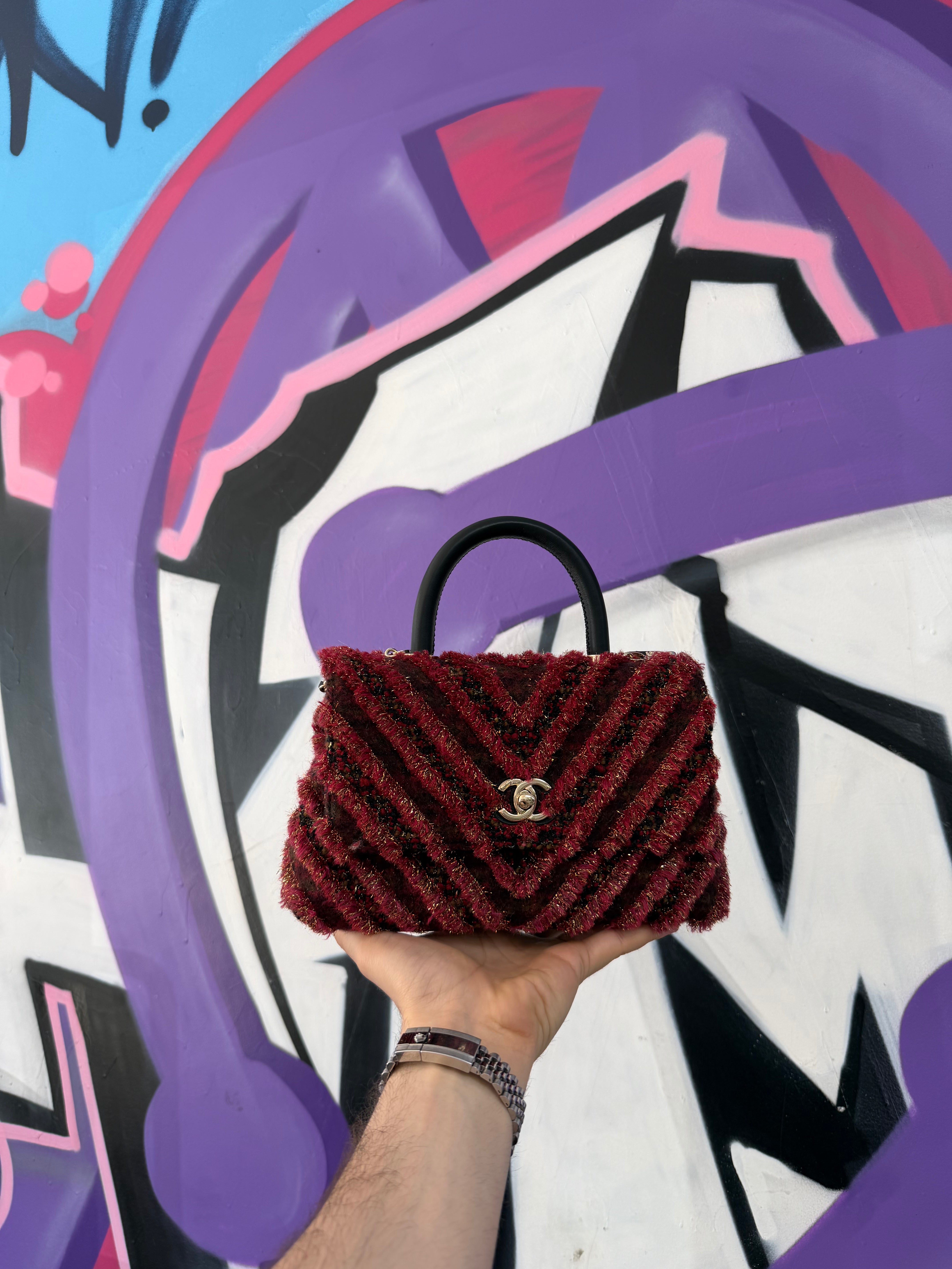 Chanel Red Top Handle Tweed Tinsel Bag