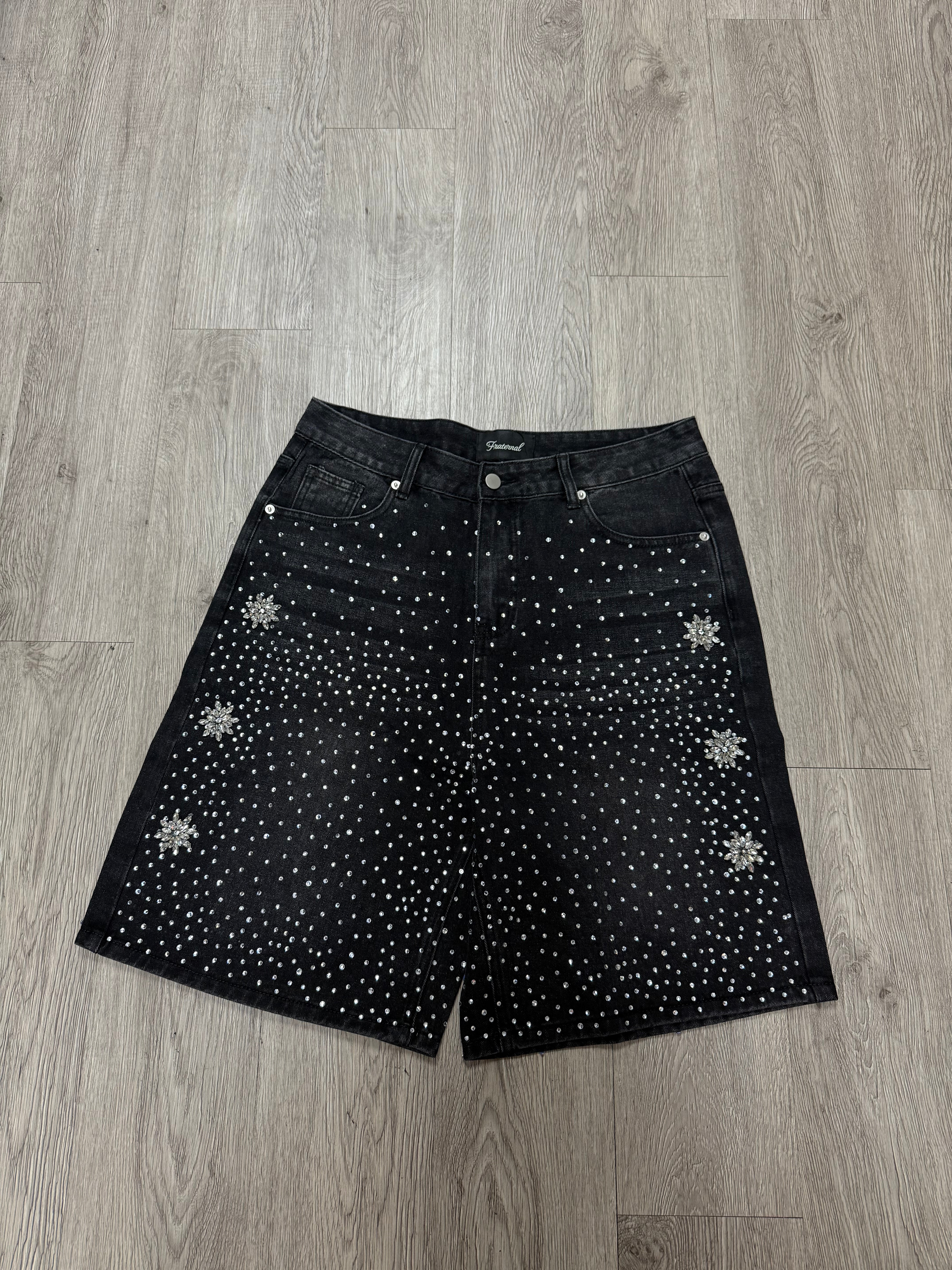 Fraternal Floral Rhinestone Jorts Black Wash