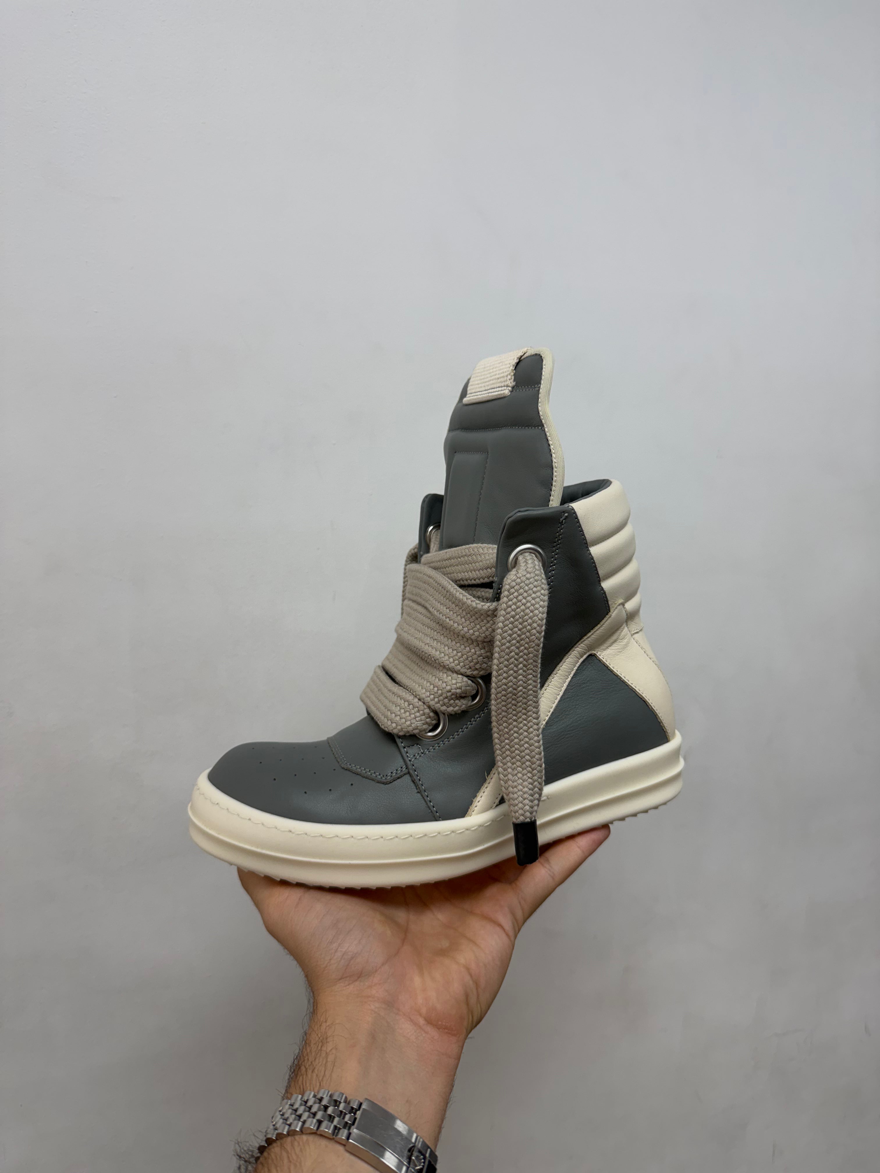 Rick Owens Geobasket Jumbo Lace' Hi Grey & Milk Sneakers