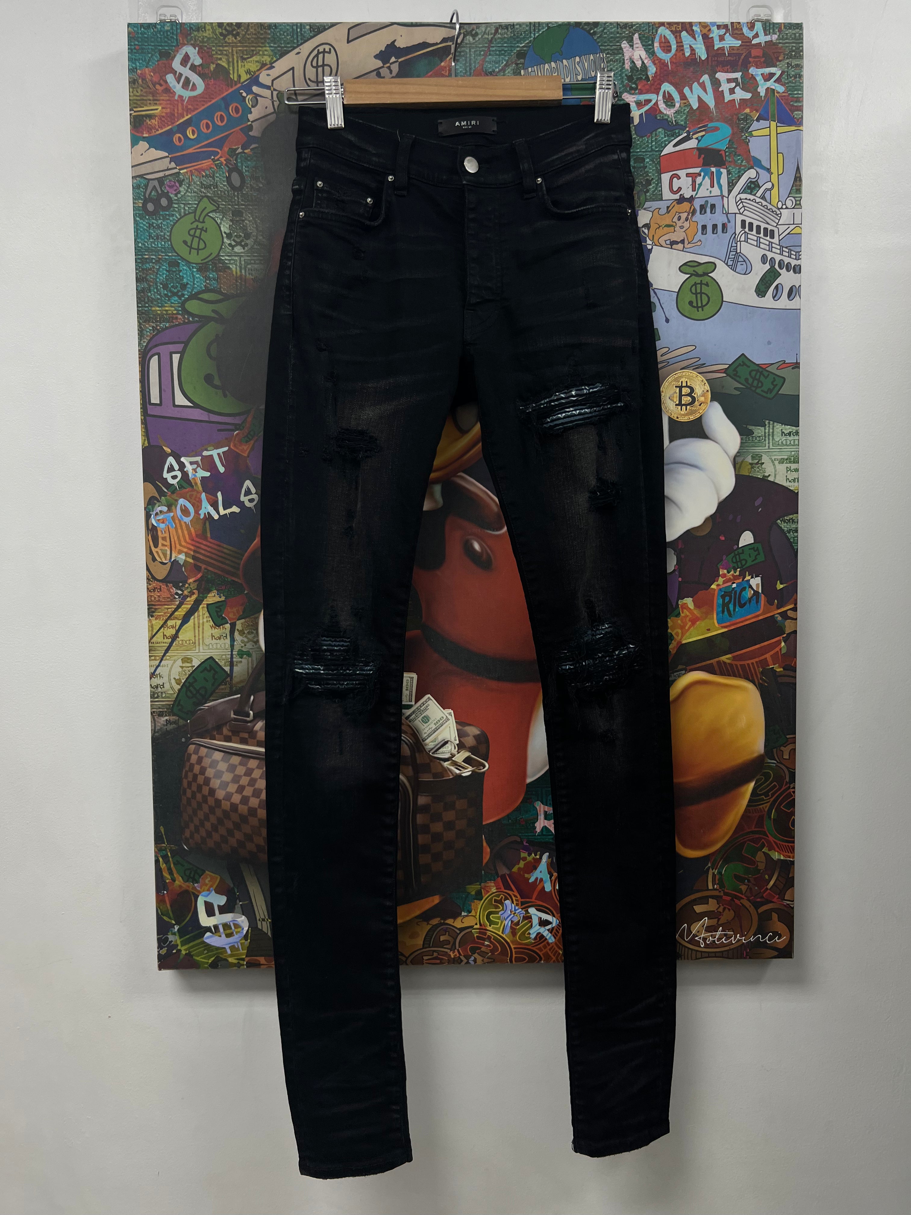 Amiri MX1 Black Wash Teal Paisley Patch Jeans