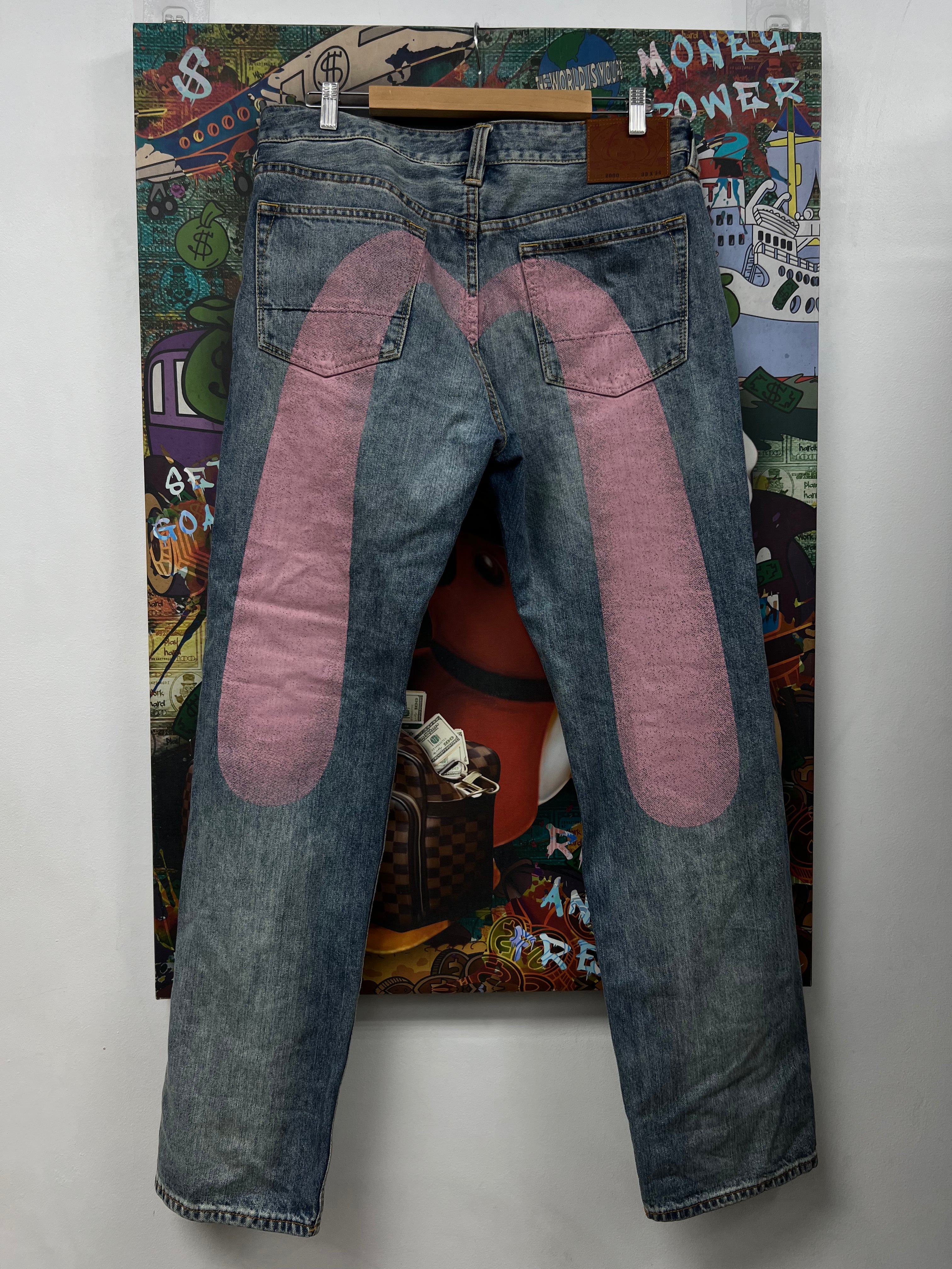 Evisu Light Wash Pink Distressed Jeans
