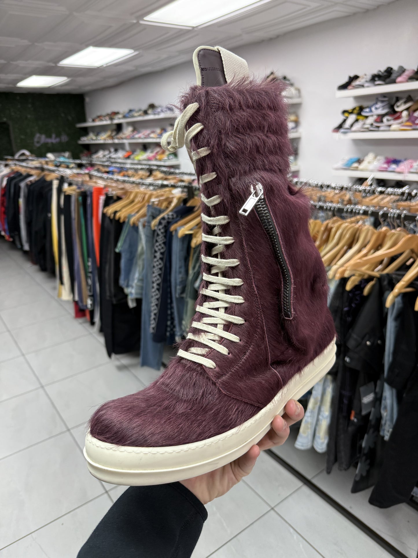 Rick Owens Geobasket Burgandy Fur High Top New 13 With Box