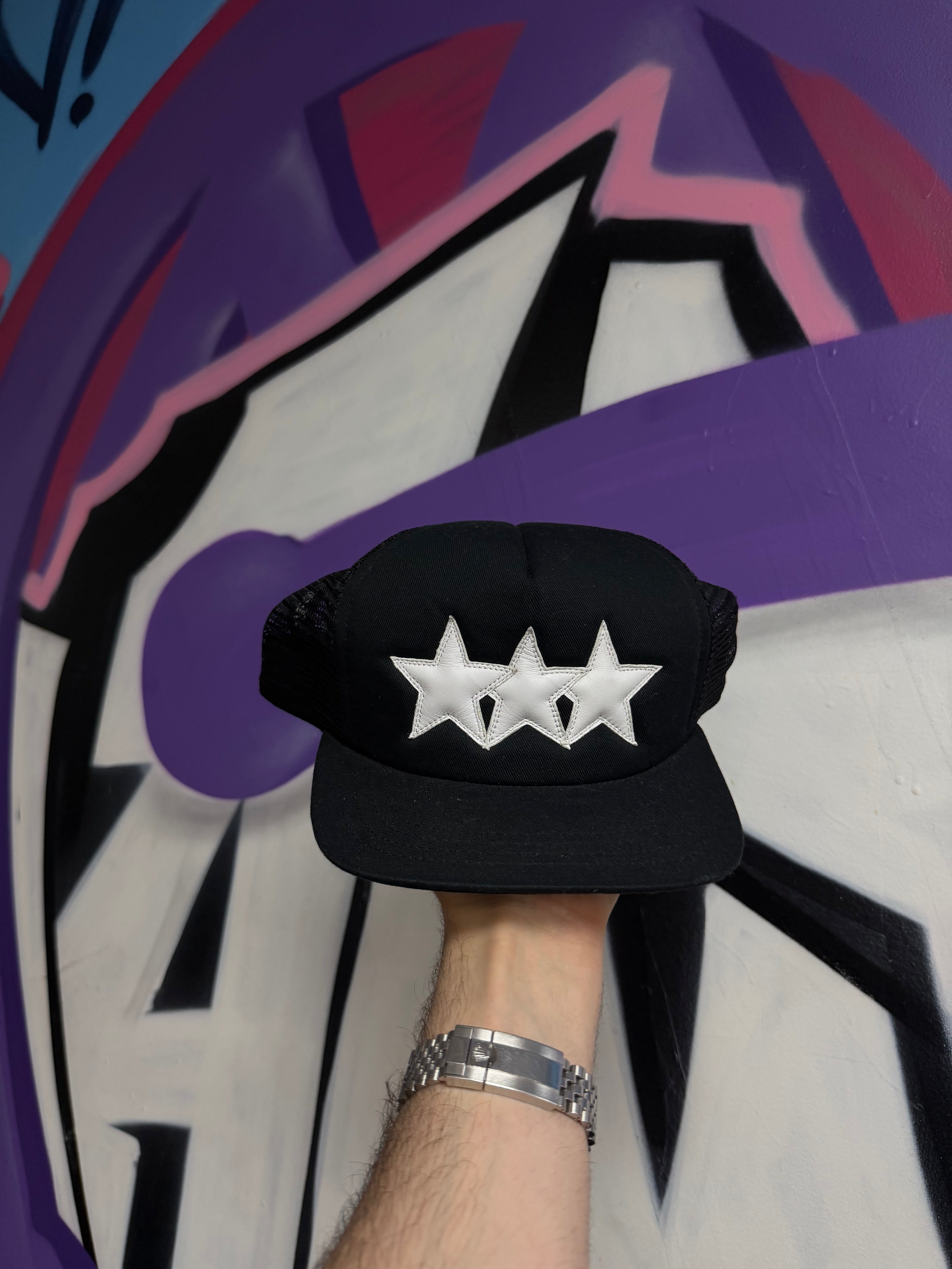 Chrome Hearts Black 3 Star Leather Trucker Cap