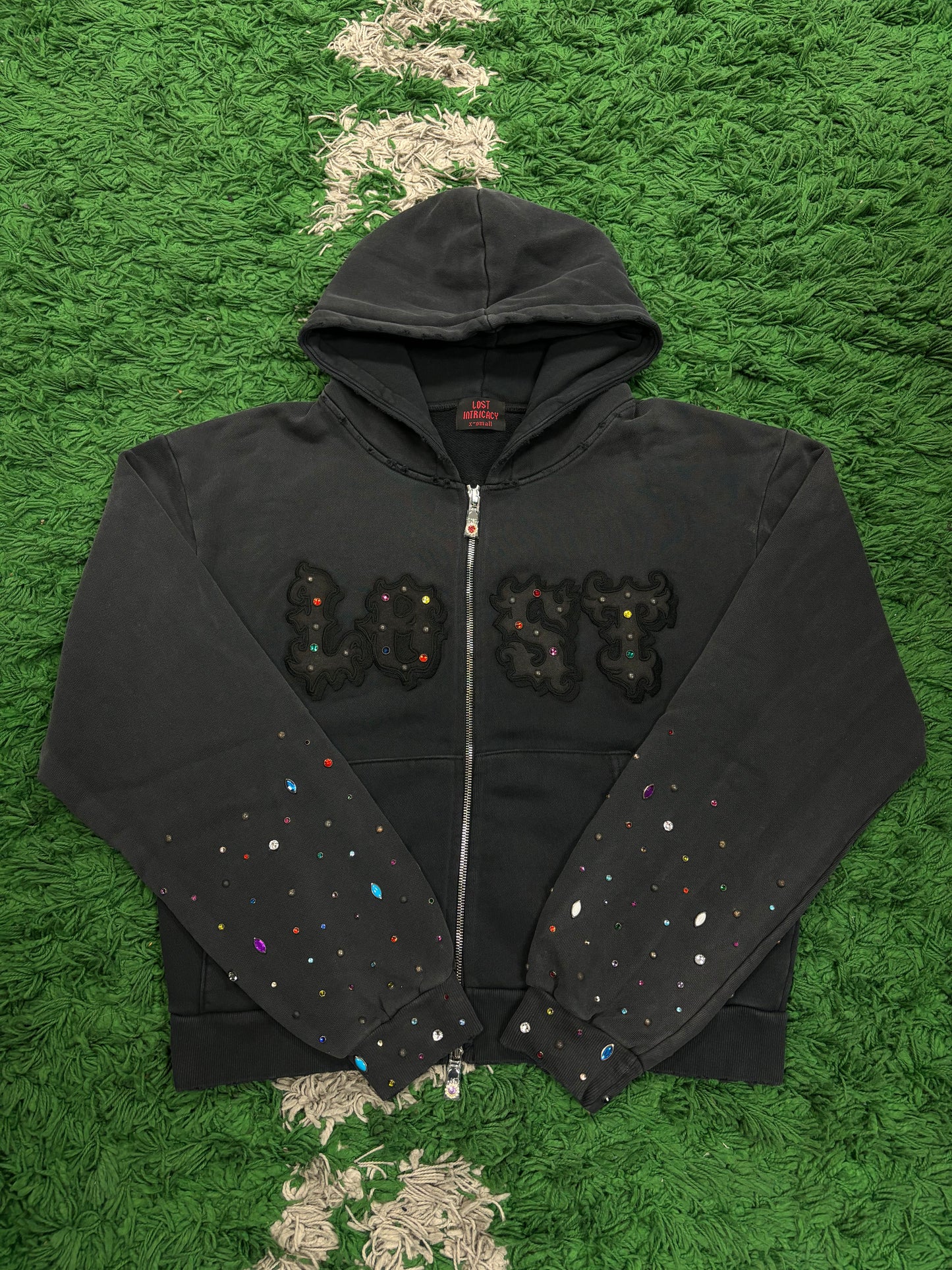 Lost Intricacy Rhinestone Patch Zip Up Hoodie