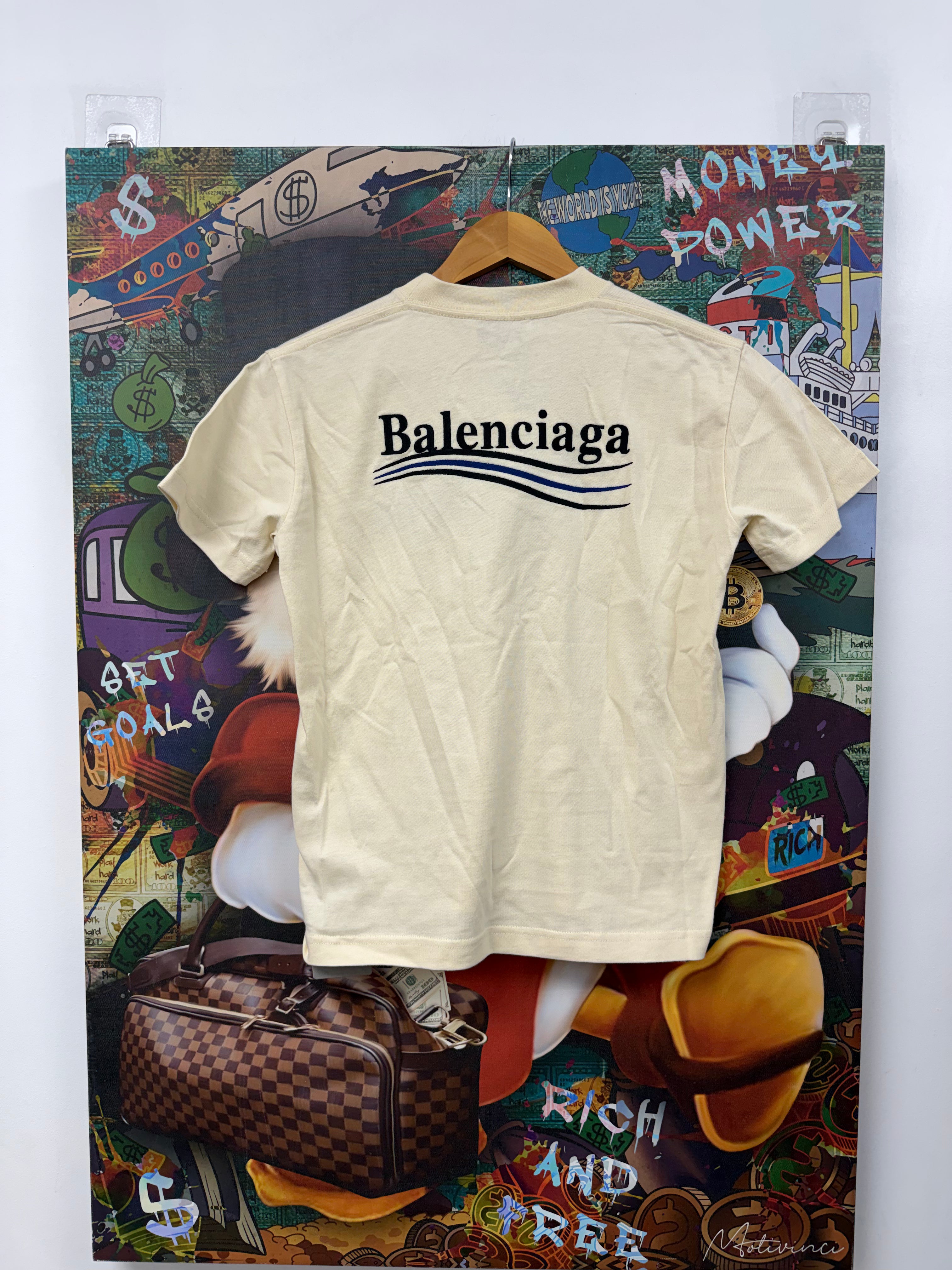 Balenciaga Cream Navy Blue Campaign Logo Cropped (Women's) Tee