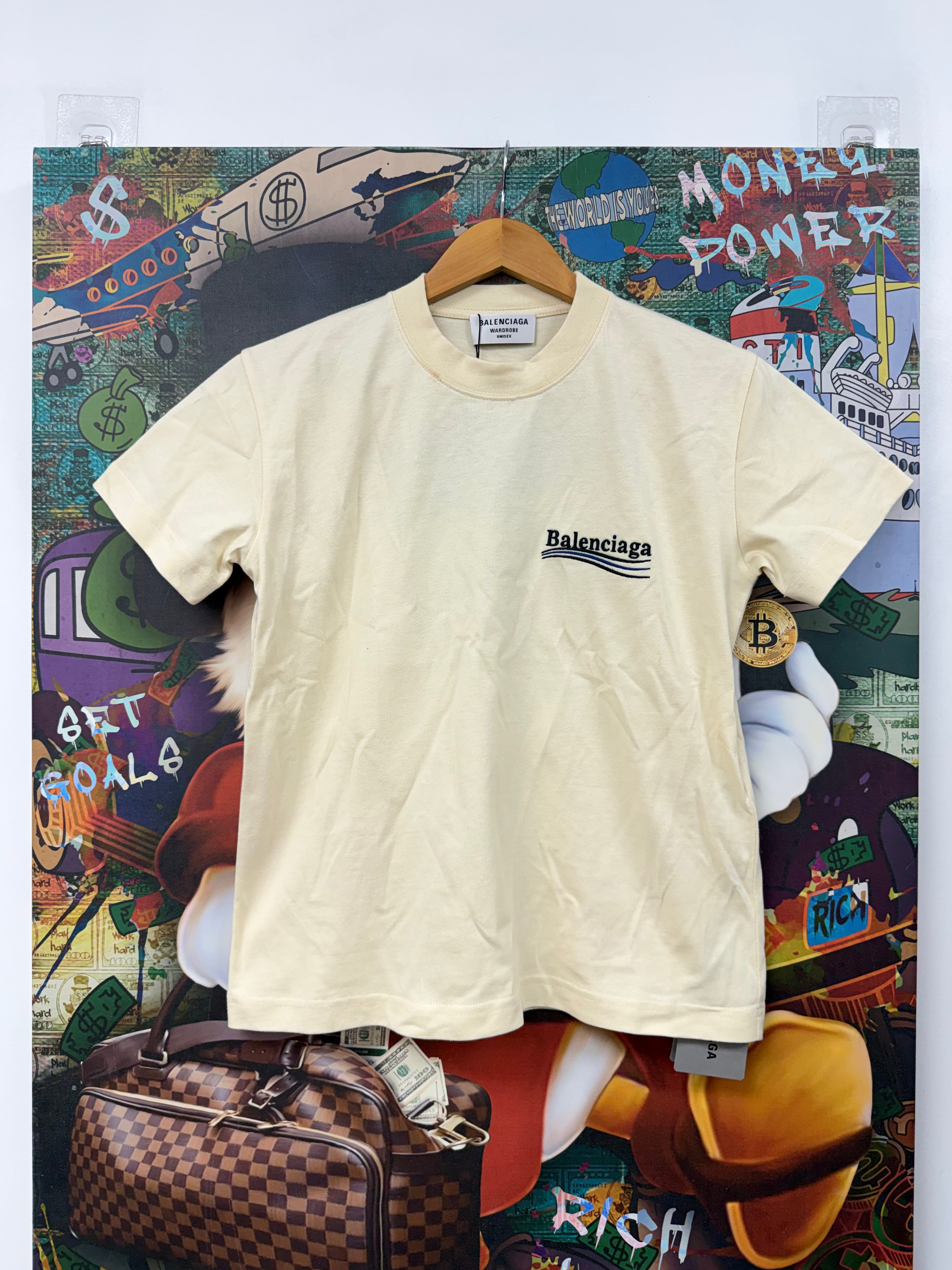 Balenciaga Cream Navy Blue Campaign Logo Cropped (Women's) Tee