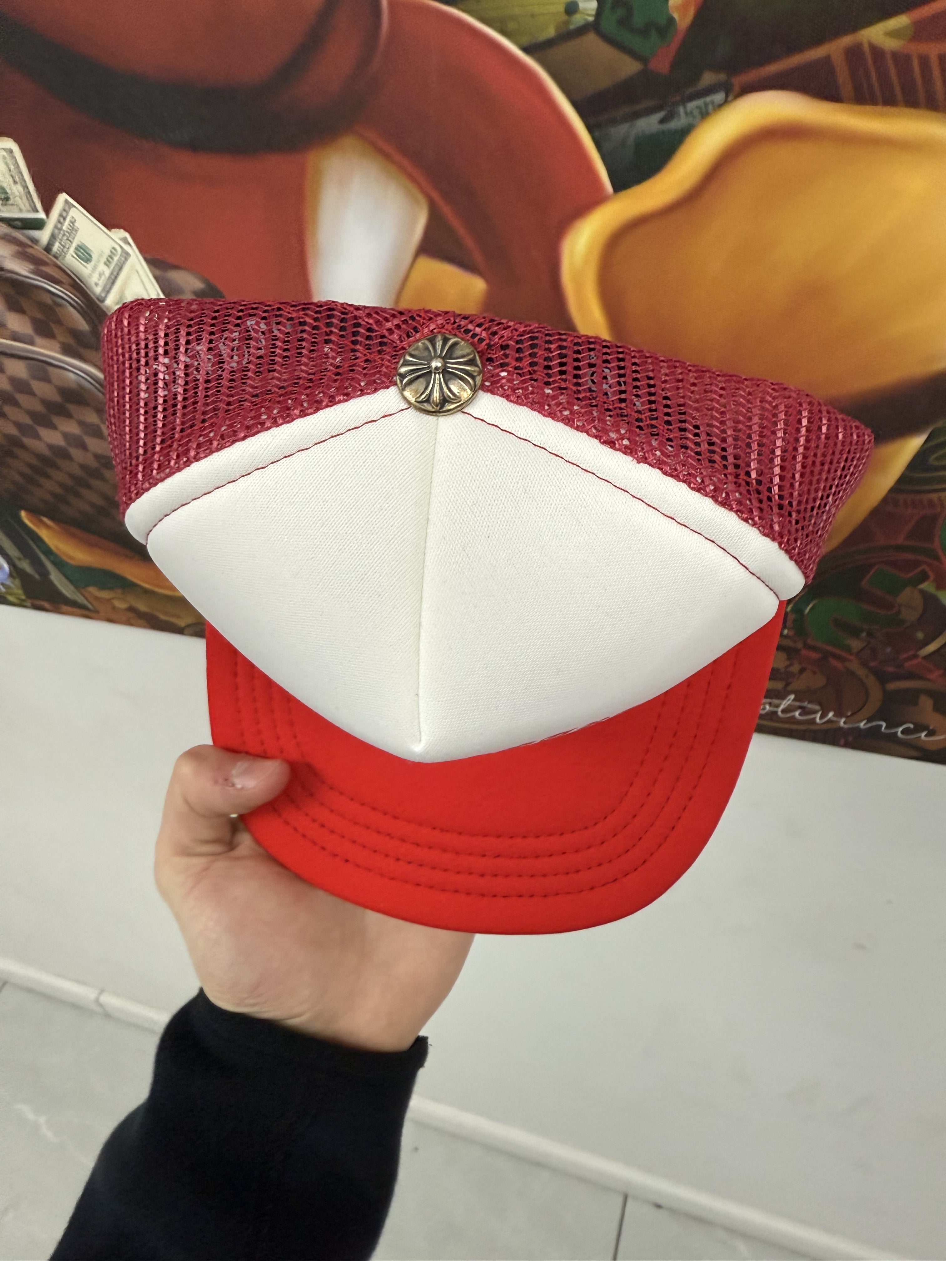 Chrome Hearts Red White Tri Cross King Taco Cap New OS With Tags