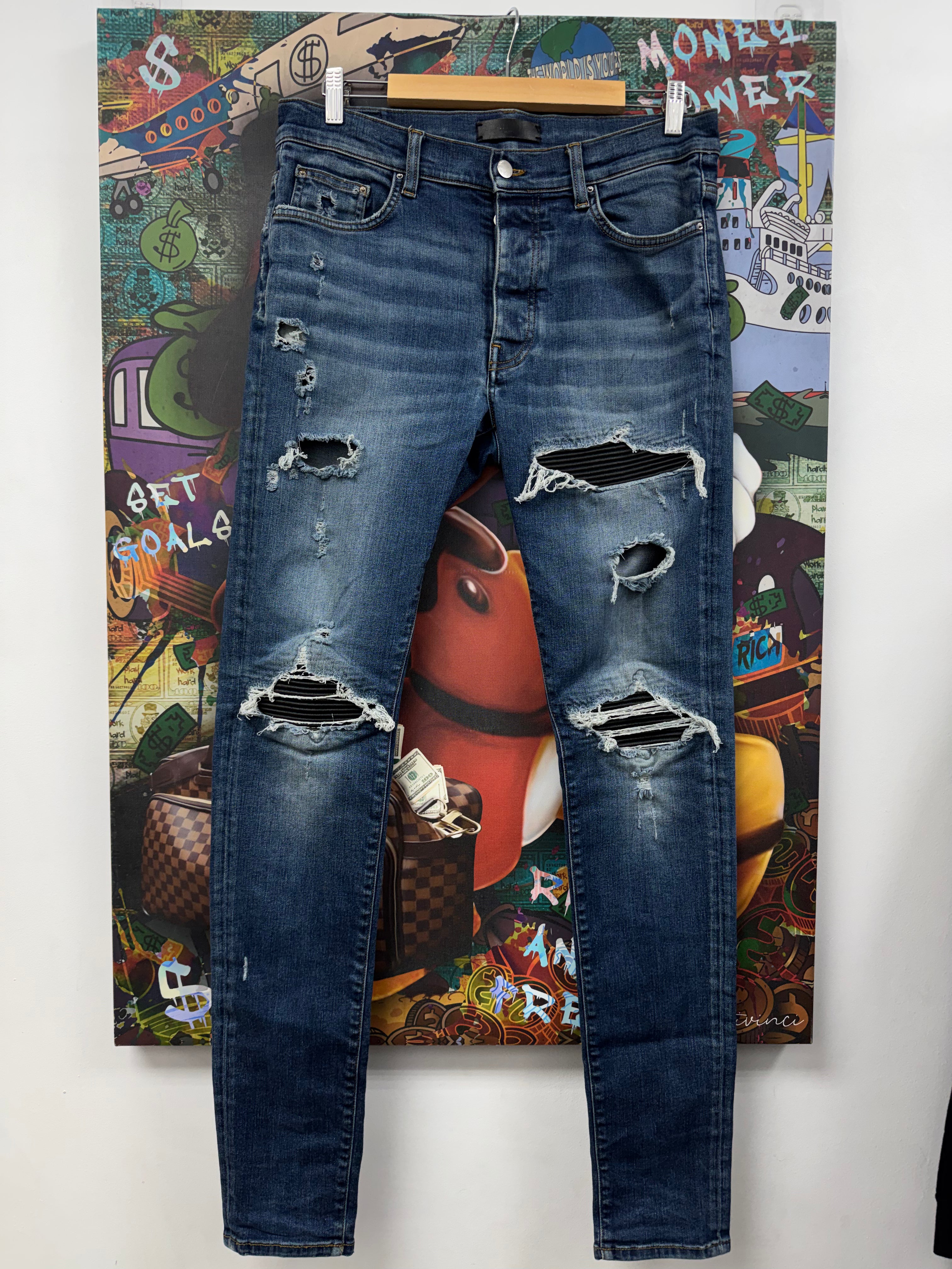 Amiri MX1 Navy Wash Black Leather Patch Jeans