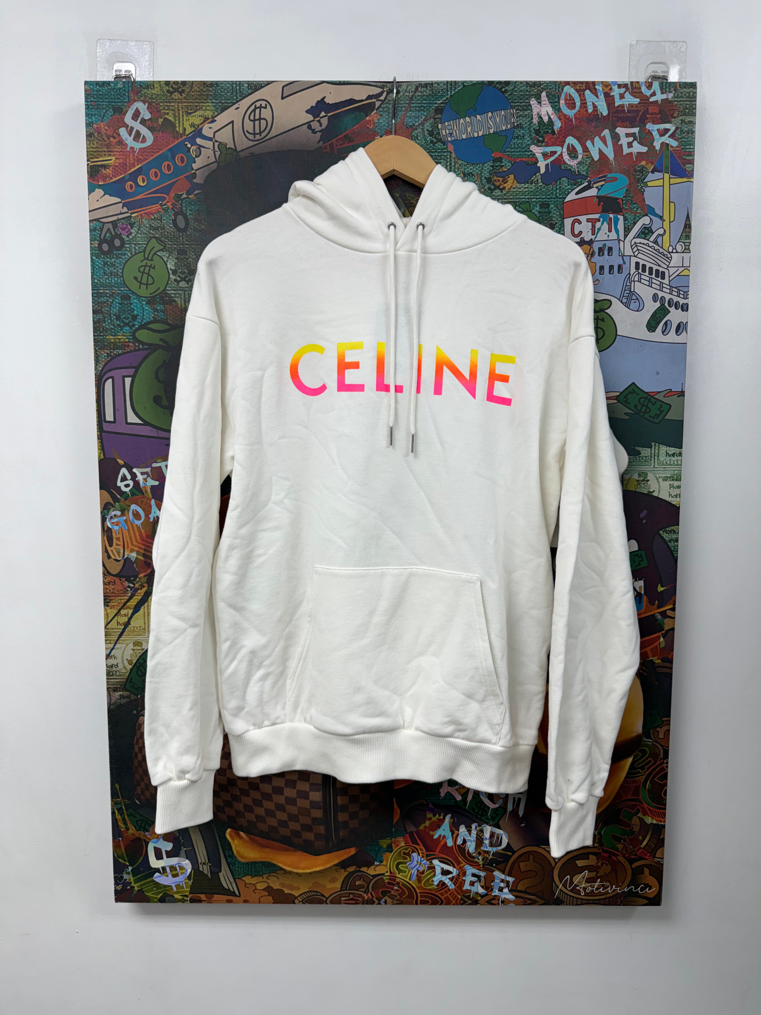 Celine White Yellow Pink Gradient Chest Logo Hoodie