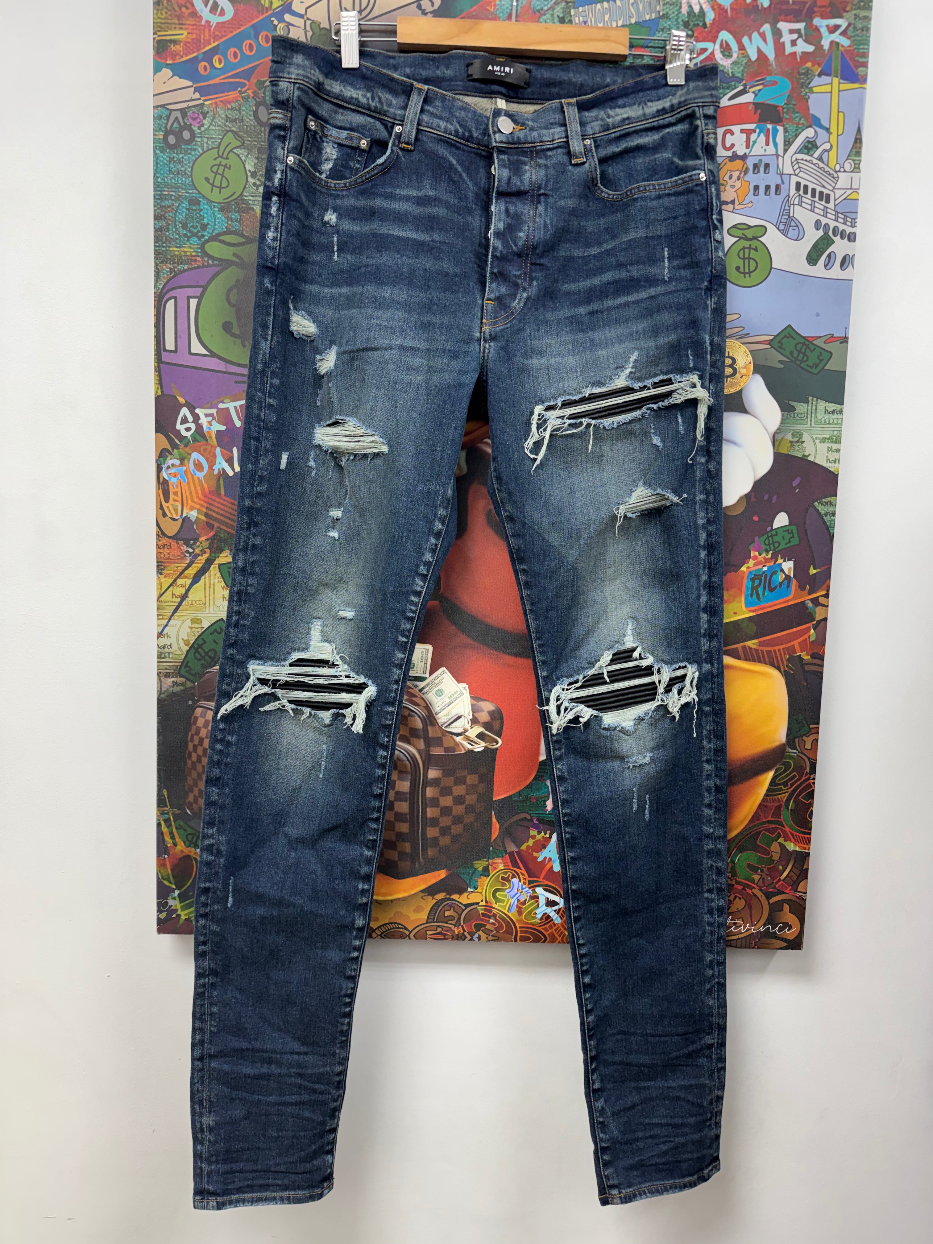 Amiri MX1 Dark Wash Black Patch Jeans