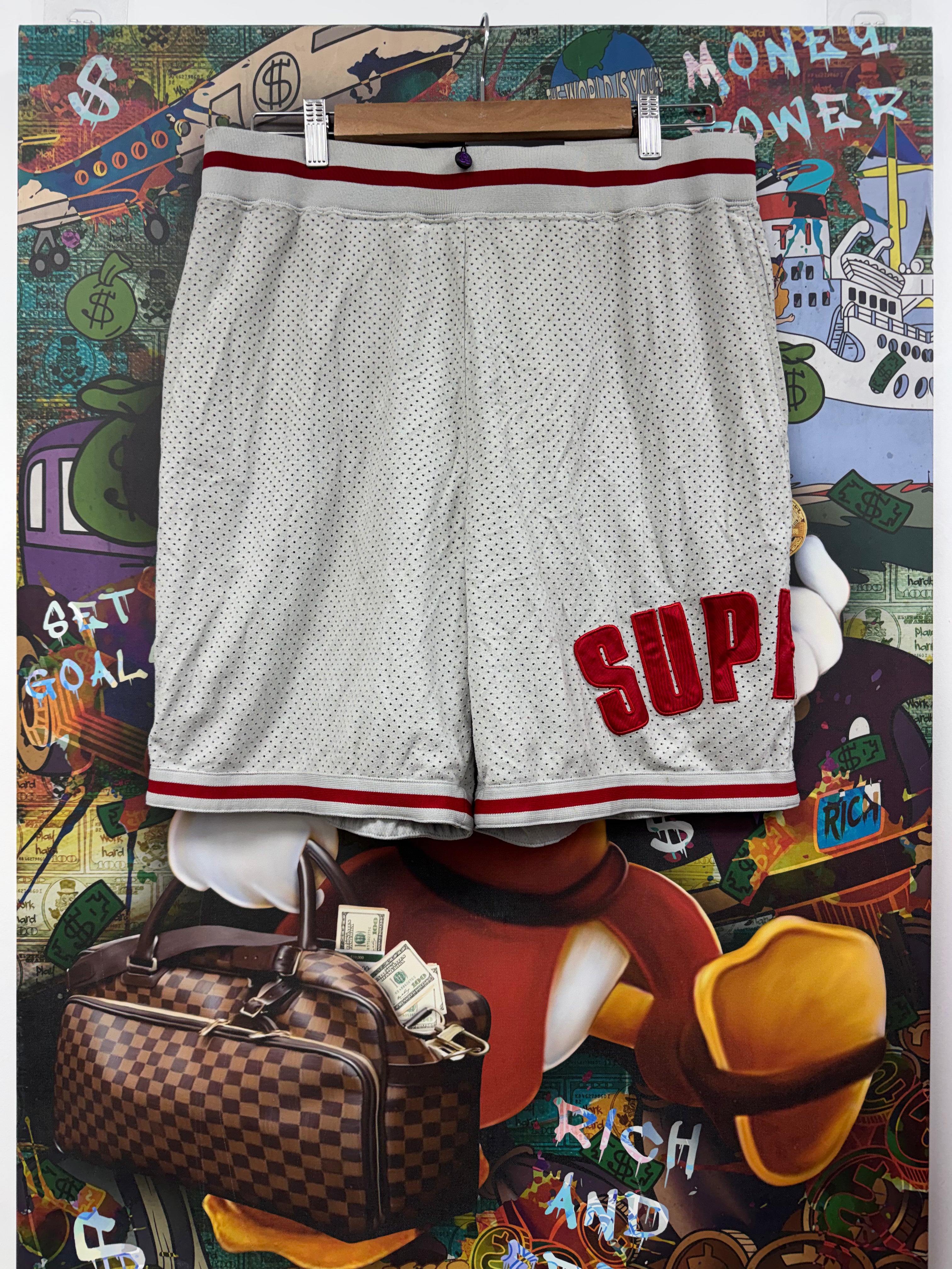 Supreme Grey Red Varsity Mesh Shorts