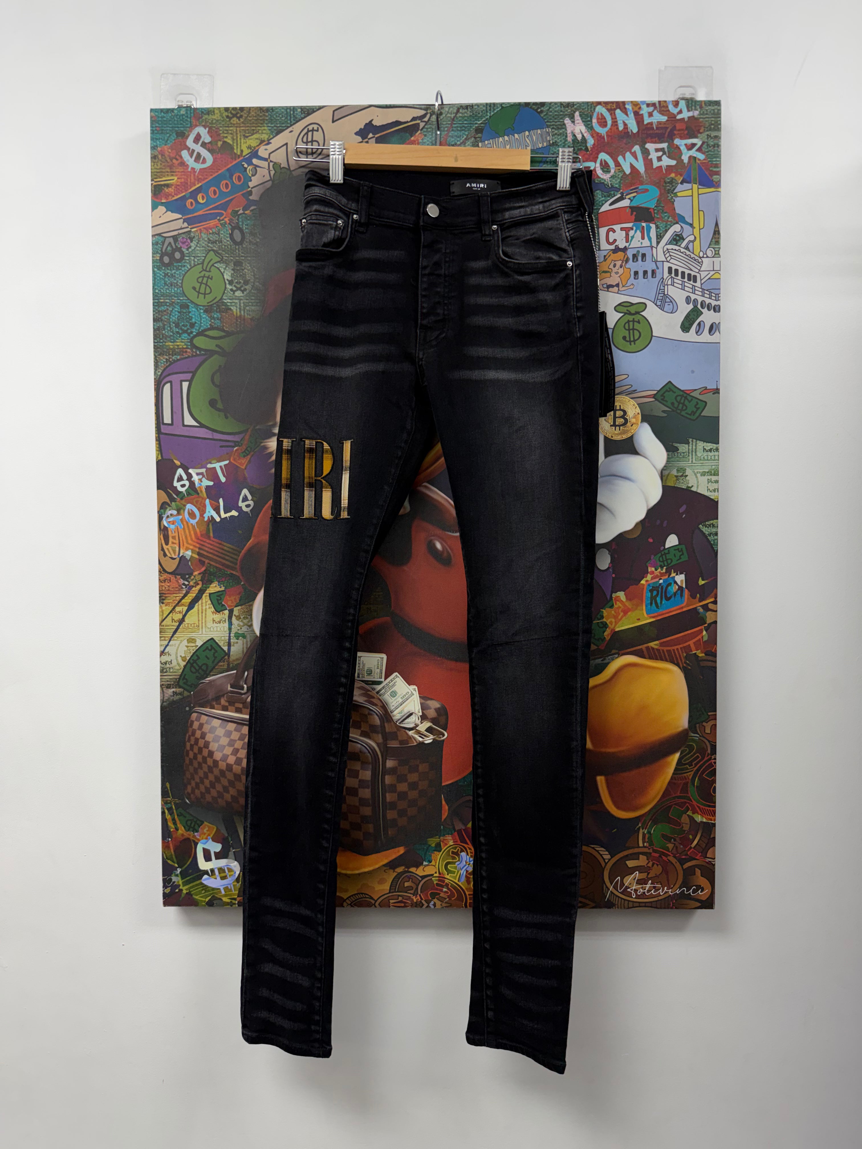 Amiri Black Wash Yellow Plaid Side Logo Jeans