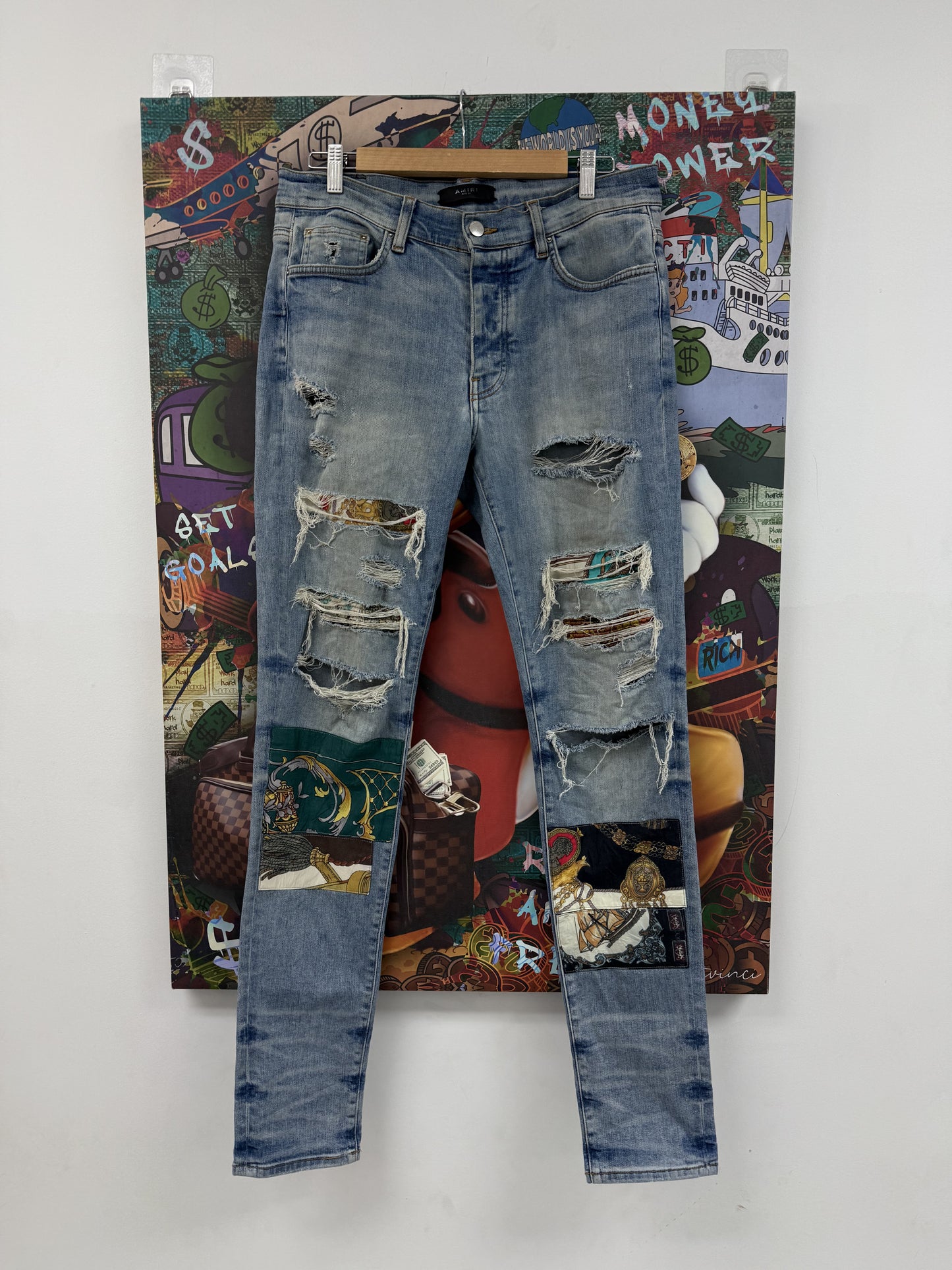 Amiri Jeans Patchwork Art Teal Chain Used 33 N/A