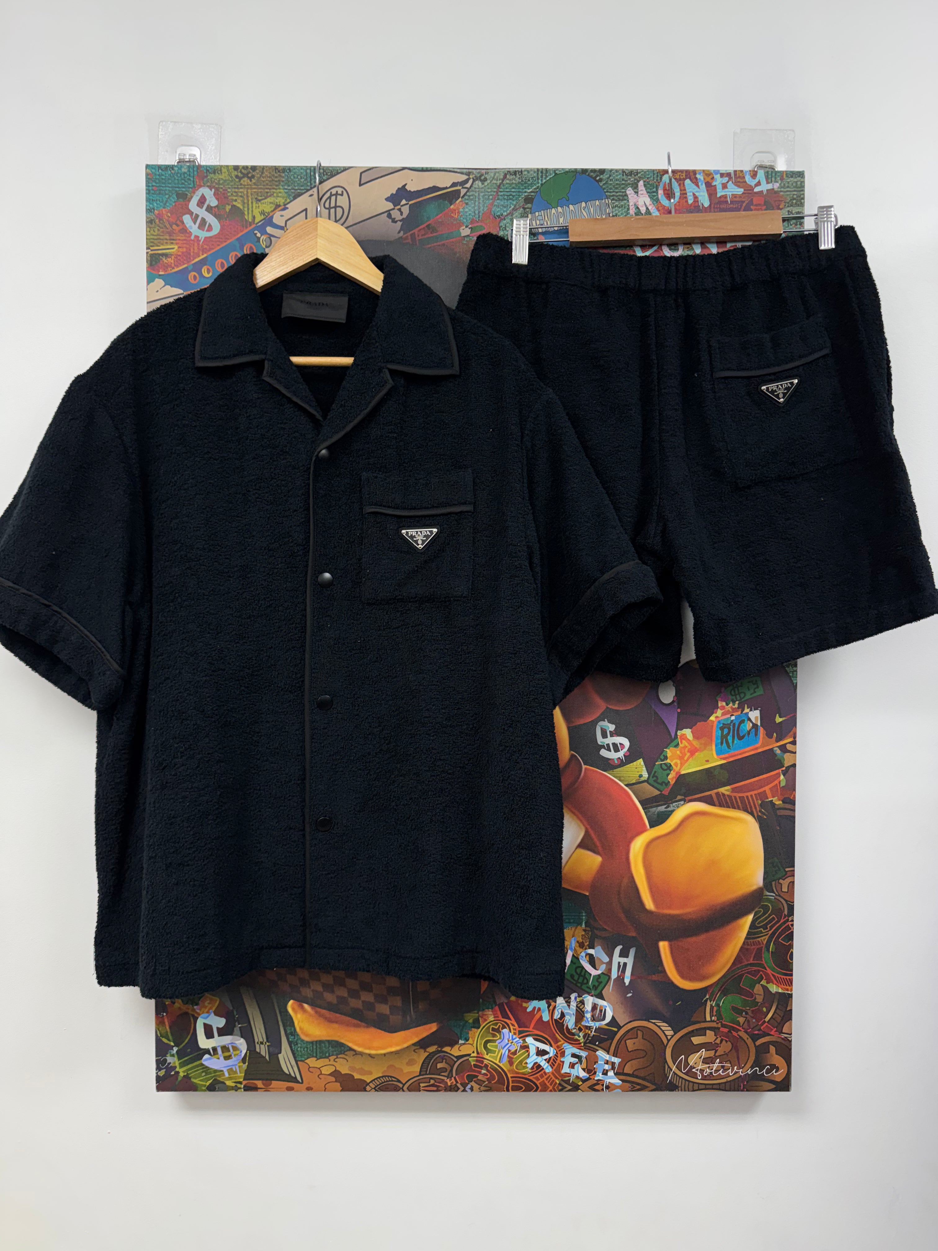Prada Black Towel Button Up With Shorts Set