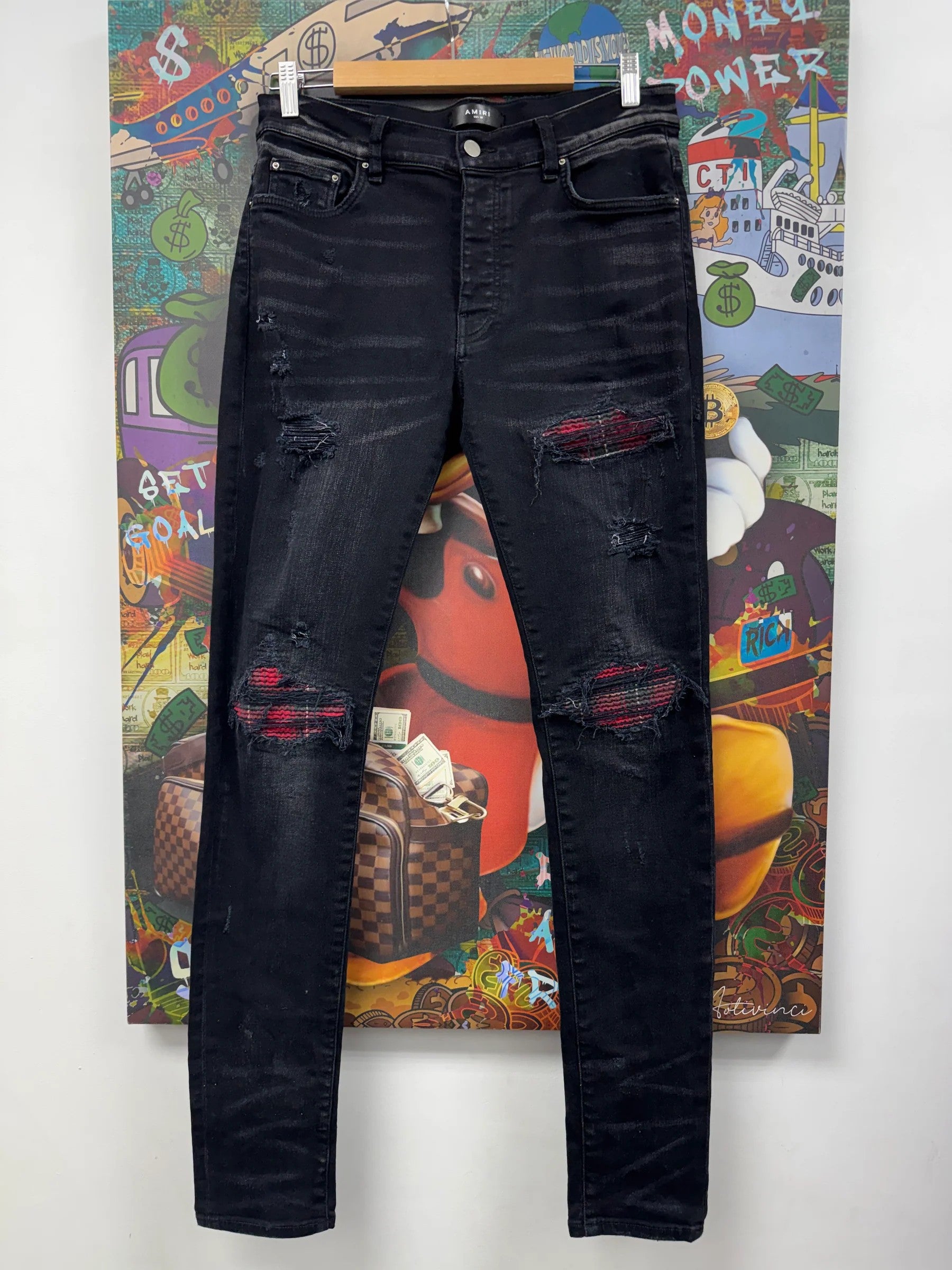 Amiri MX1 Plaid Patch Black Wash & Red Jeans