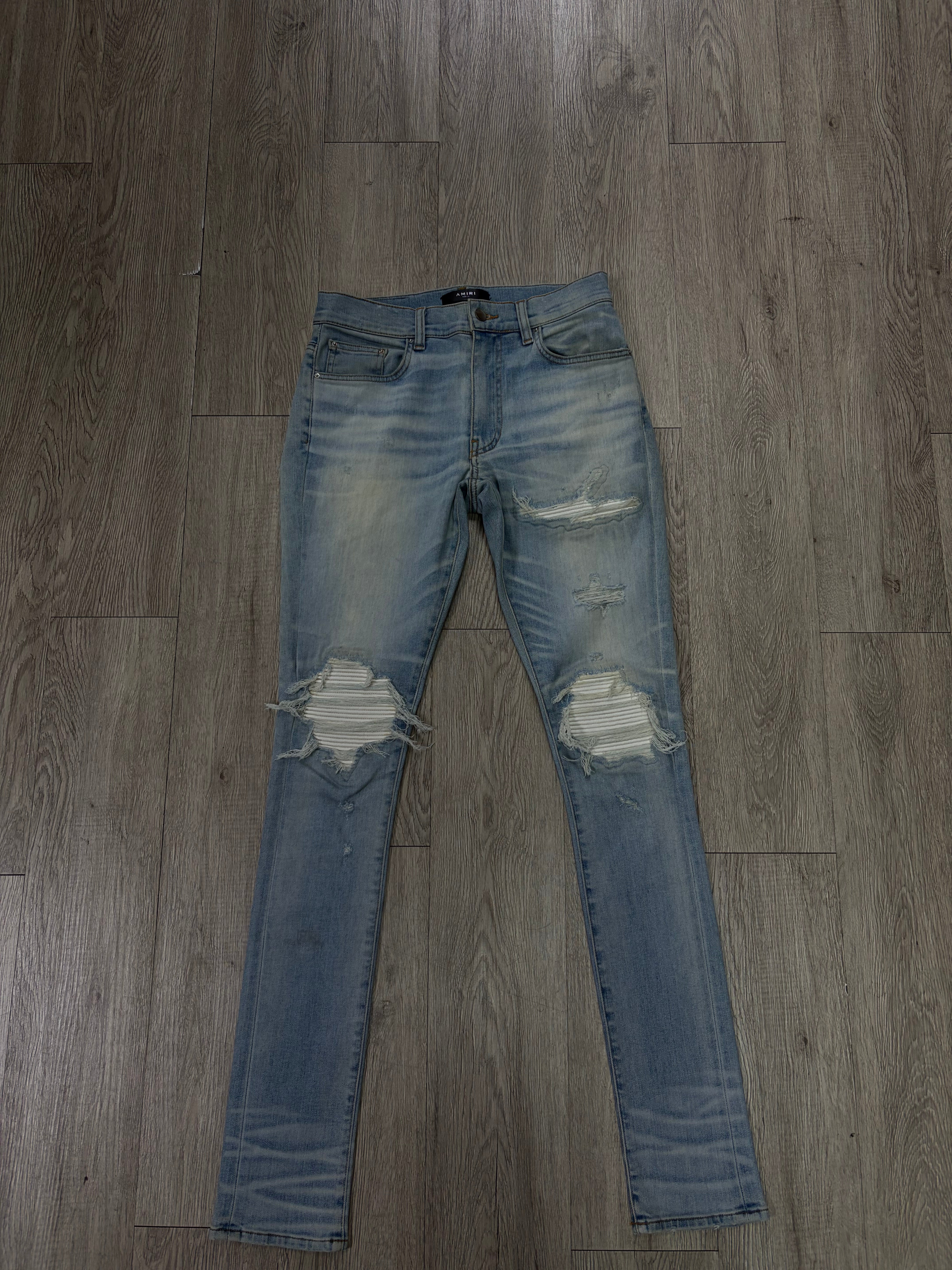 Amiri MX1 Vintage Wash White Leather Patch Jeans
