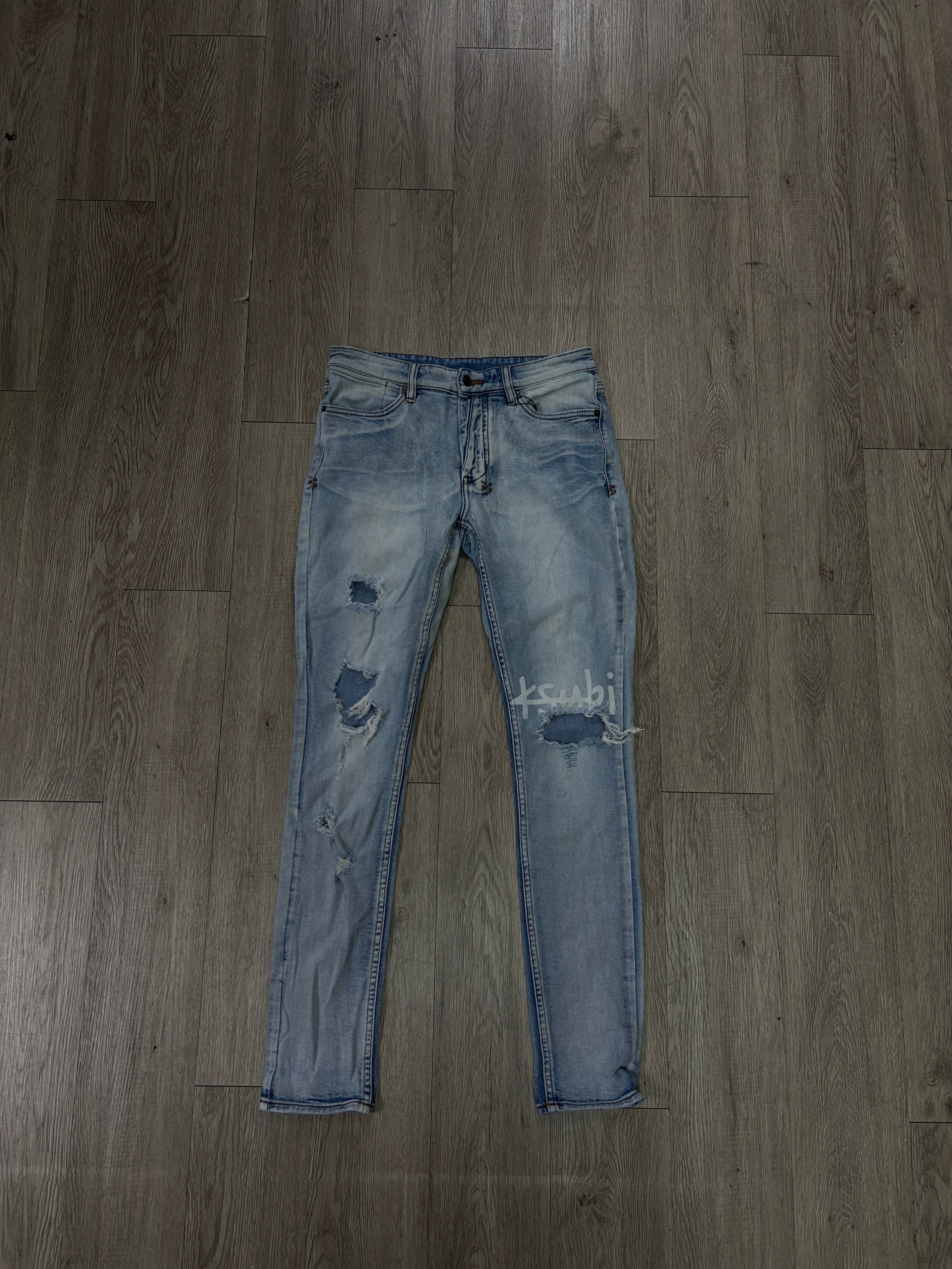 Ksubi Light Wash Ripped Knee Logo Jeans