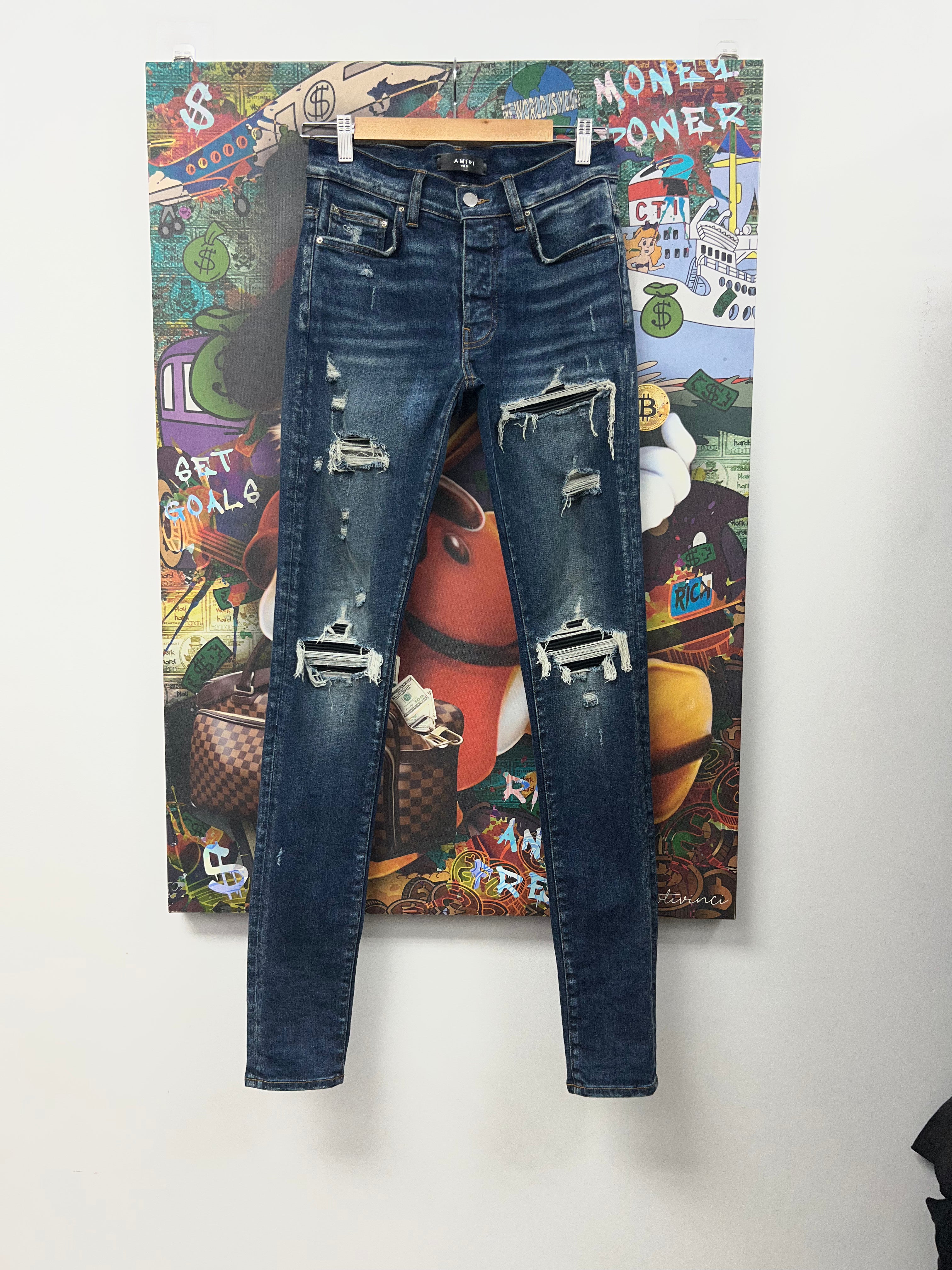 Amiri MX1 Dark Wash Black Leather Patch Jeans