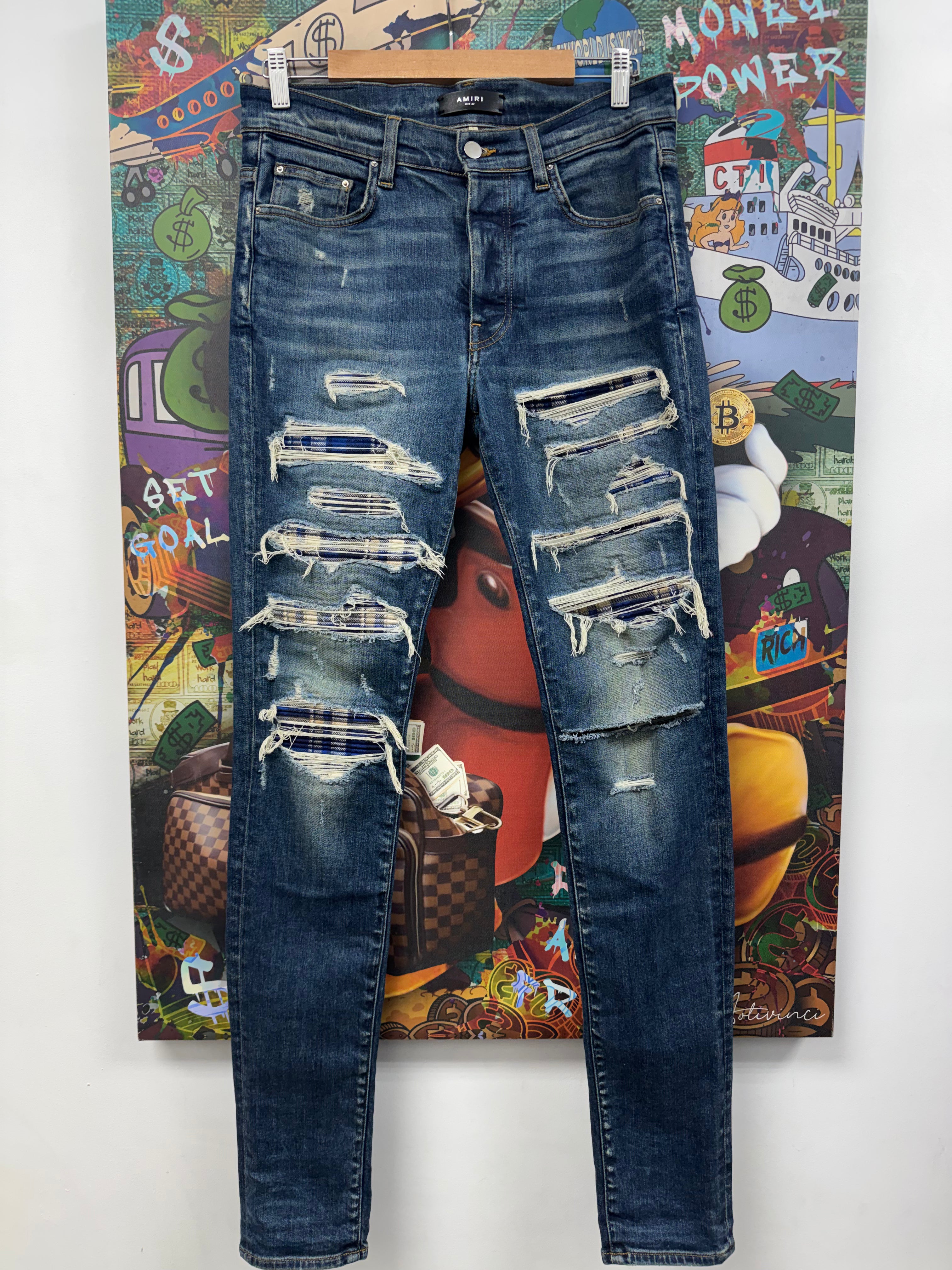 Amiri Deep Classic Navy Plaid Thrasher Patch Jeans